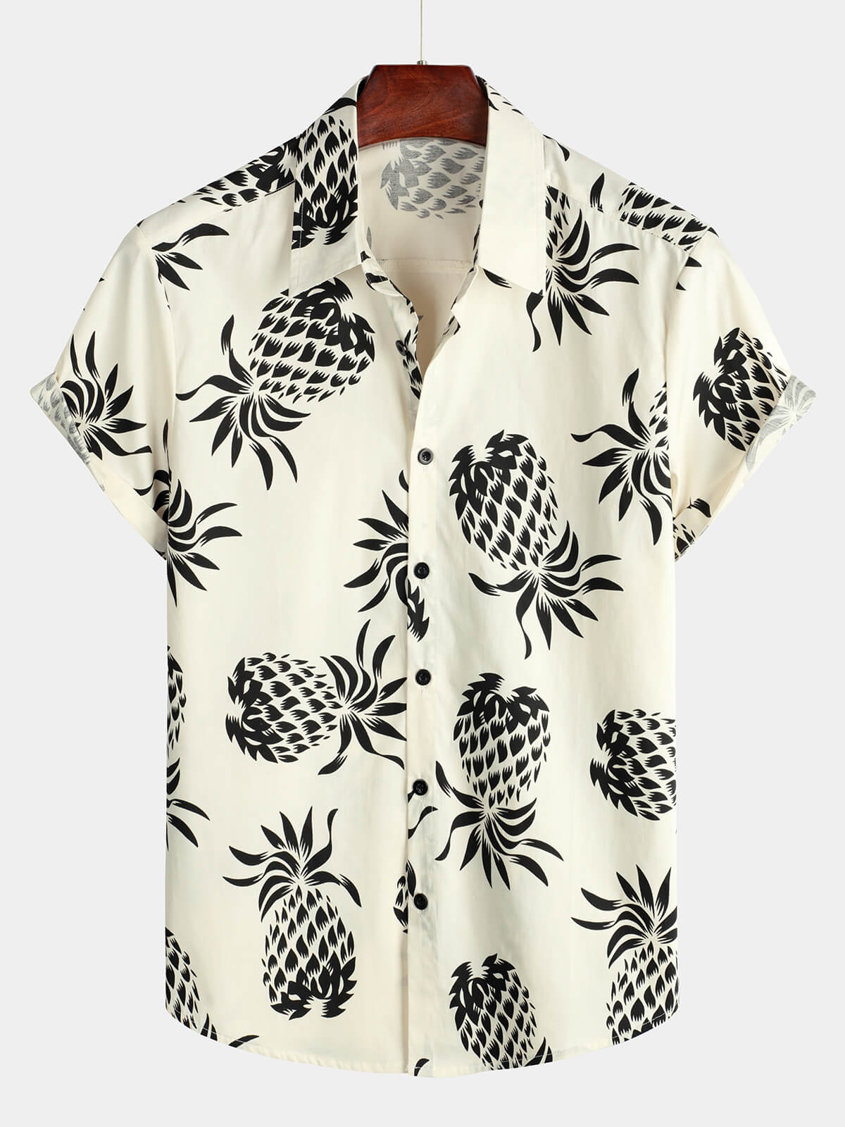 Men's Beige Pineapple Print Cotton Hawaiian Summer Beach Button-Up Short Sleeve Shirt
