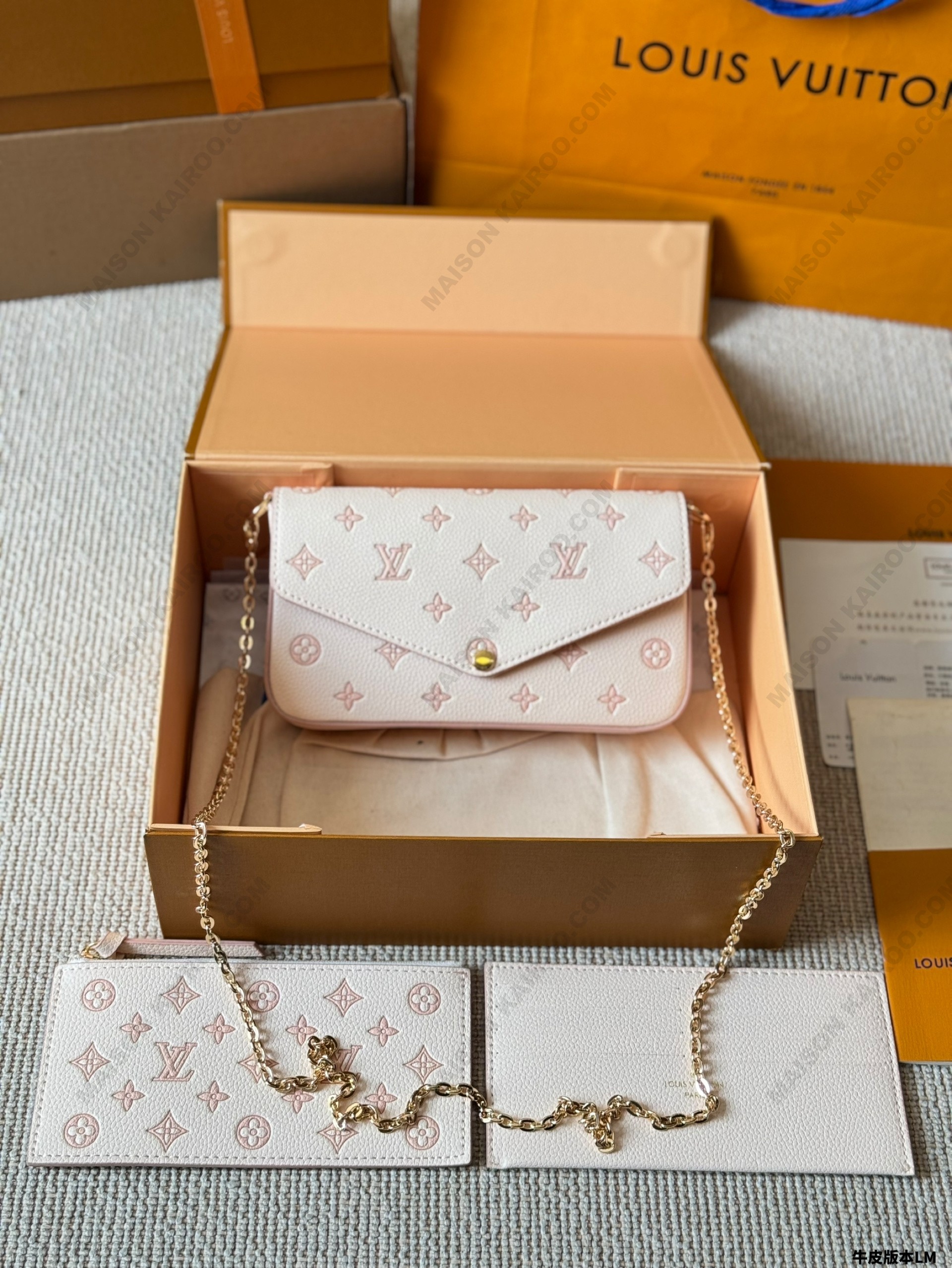 Louis Vuitton LV Felicie Pochette 3-in-1 Creme Pink Empreinte Leather Chain Envelope Shoulder Bag - KAIROO
