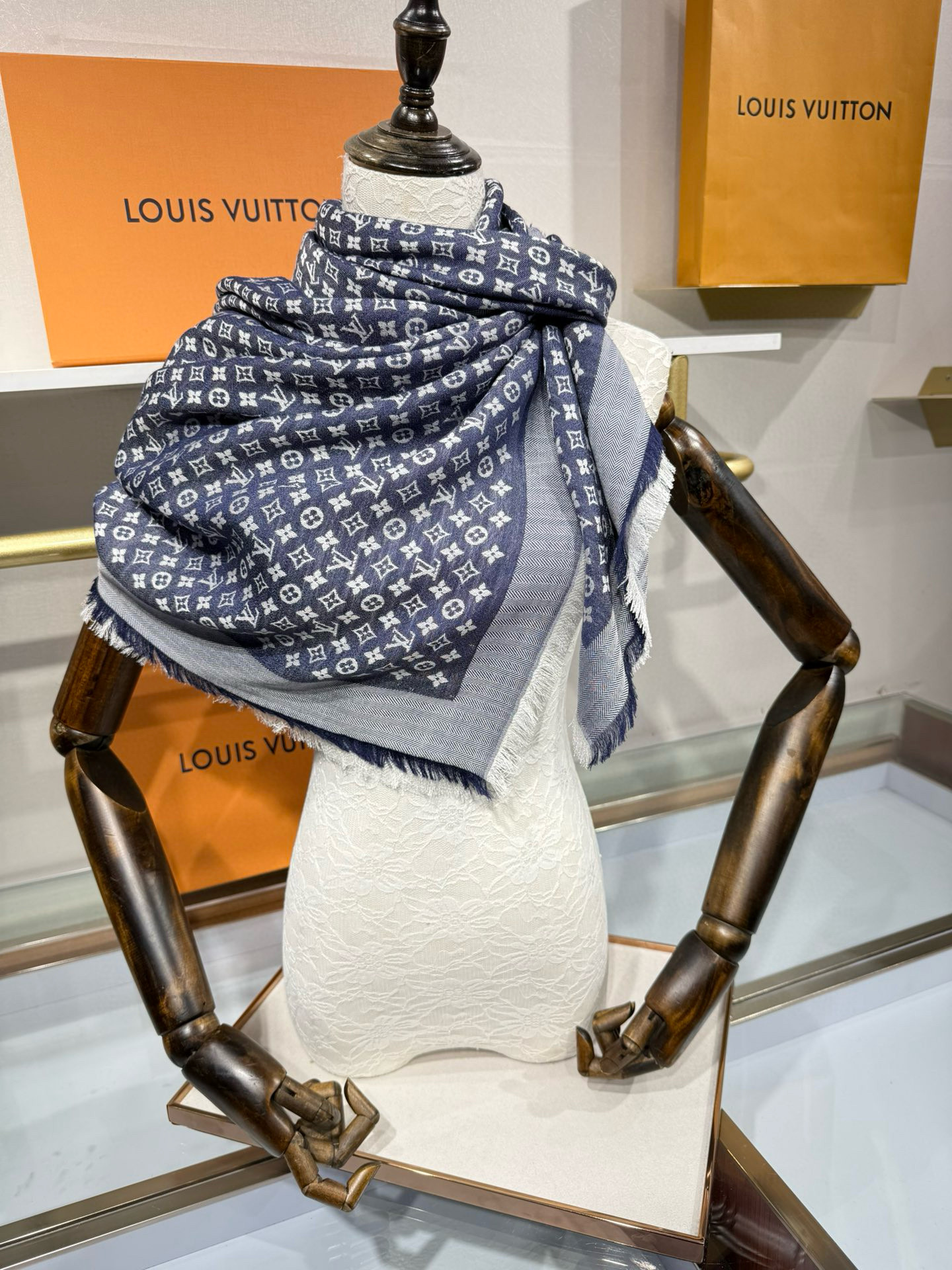 LV Classic Monogram Denim Silk and Wool Shawl