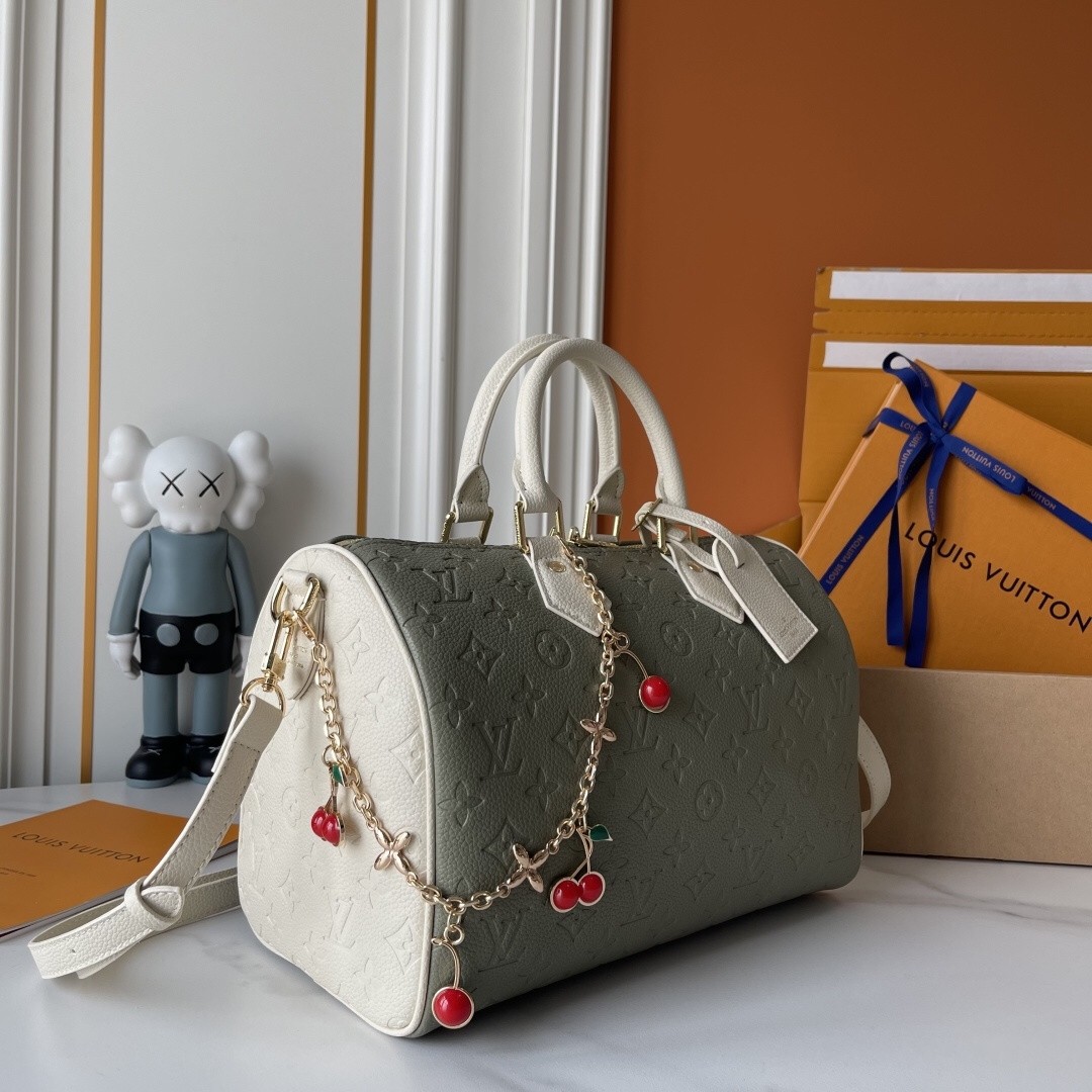 Louis Vuitton LV Speedy 30 Sage&Cream Split Panel Monogram Embossed Leather Cherry Charm Boston Top Handle Bag - KAIROO