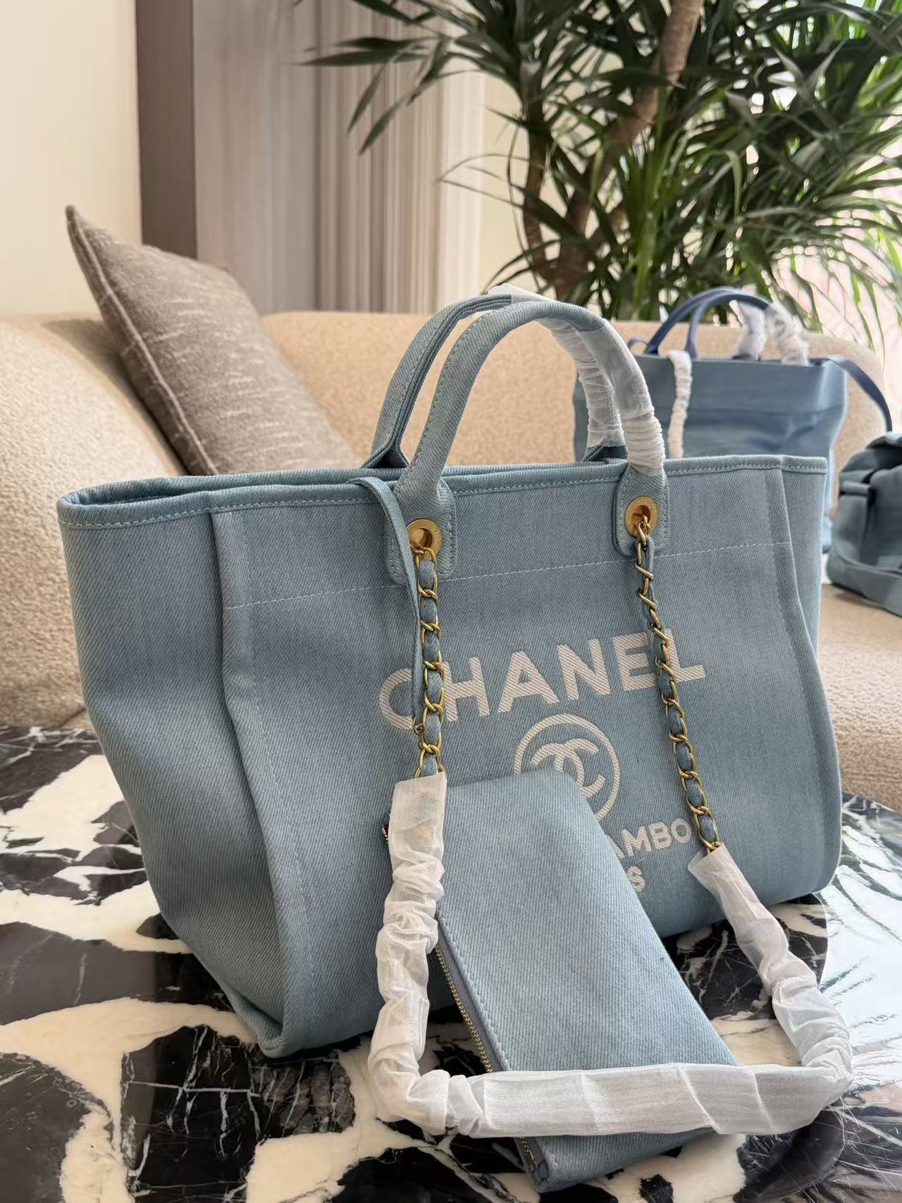 Chanel denim beach bag shopping bag