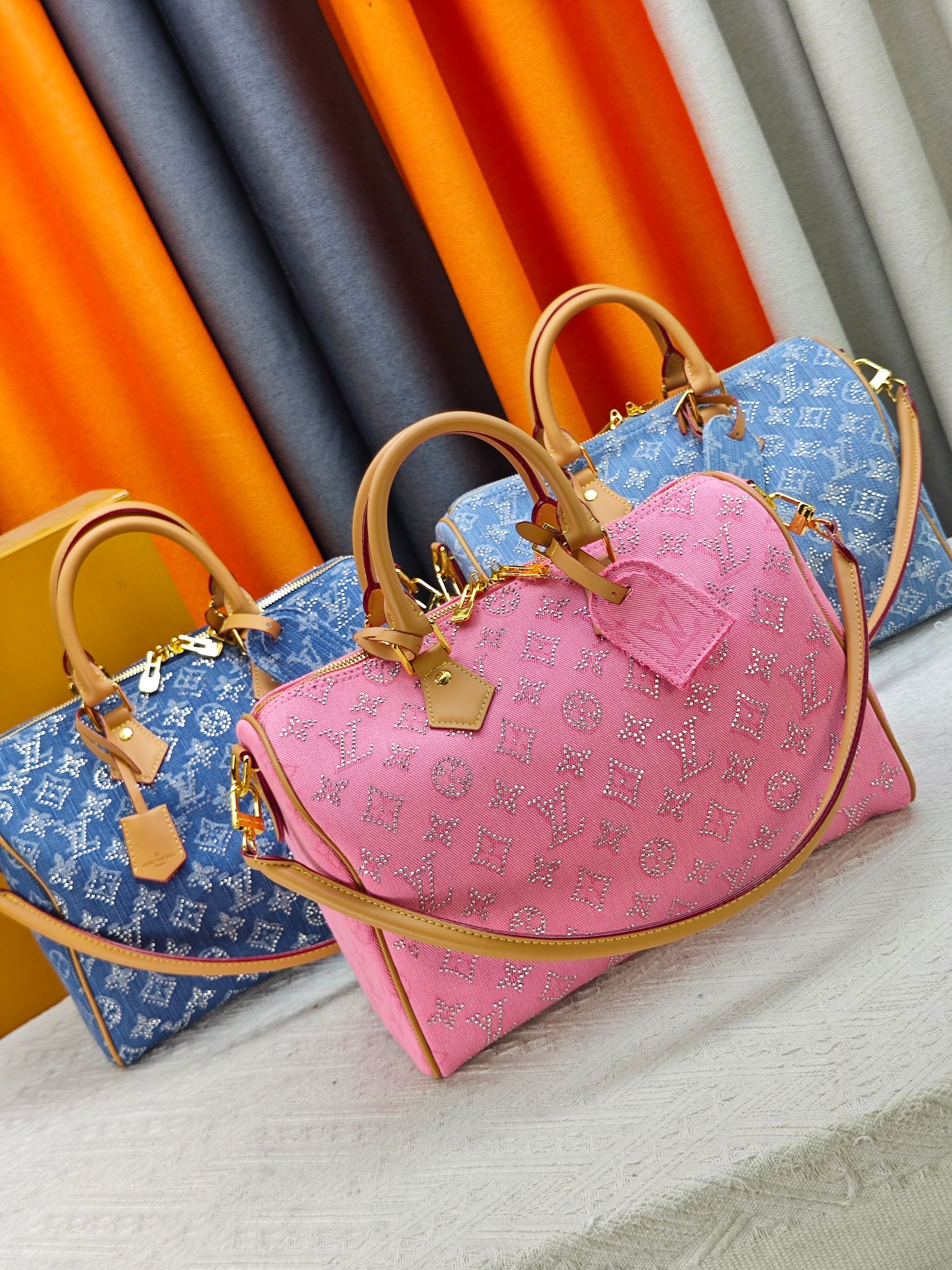 Louis Vuitton LV Speedy 30 Full Crystal Rhinestone Monogram Denim Boston Top Handle Bag - KAIROO