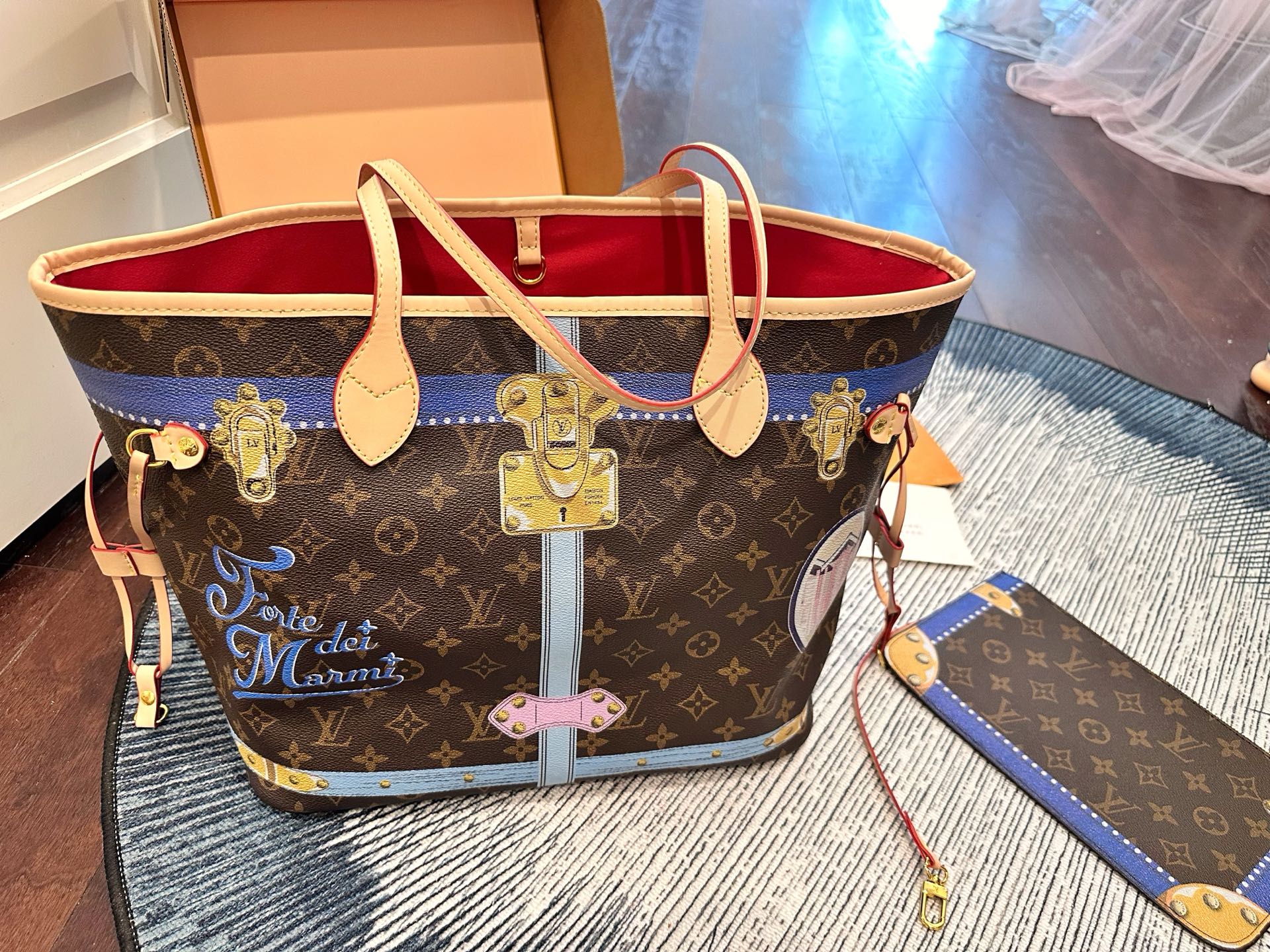 Louis Vuitton LV Neverfull MM Summer Trunks Trompe l'Oeil Luggage Graphic Tote Bag With Pouch - KAIROO