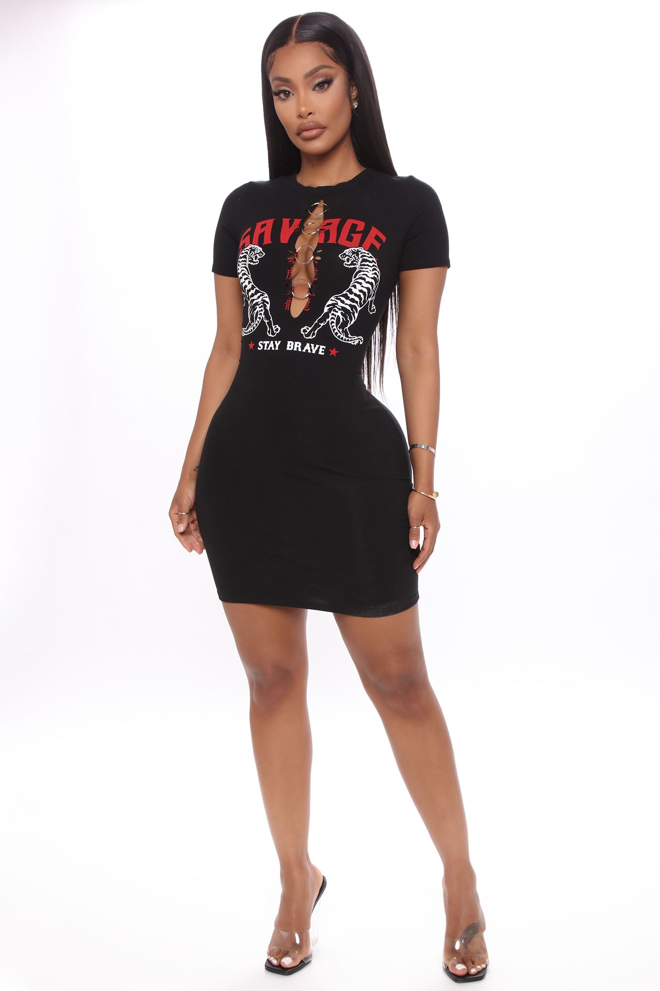 Stay Brave Short Sleeve Mini Dress - Black