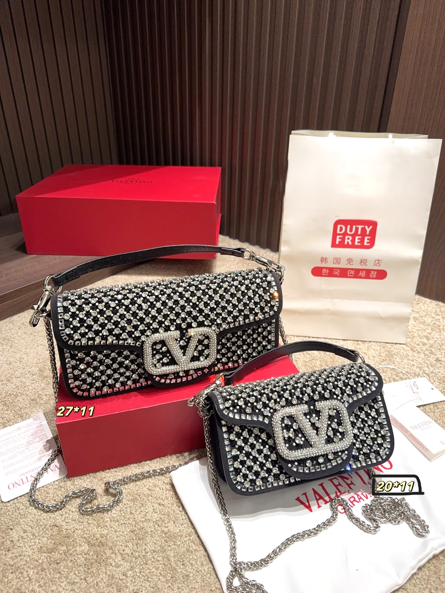 Valentino Garavani Locò Black Suede All-over Crystal VLogo Flap Chain Rectangular Shoulder Bag - KAIROO