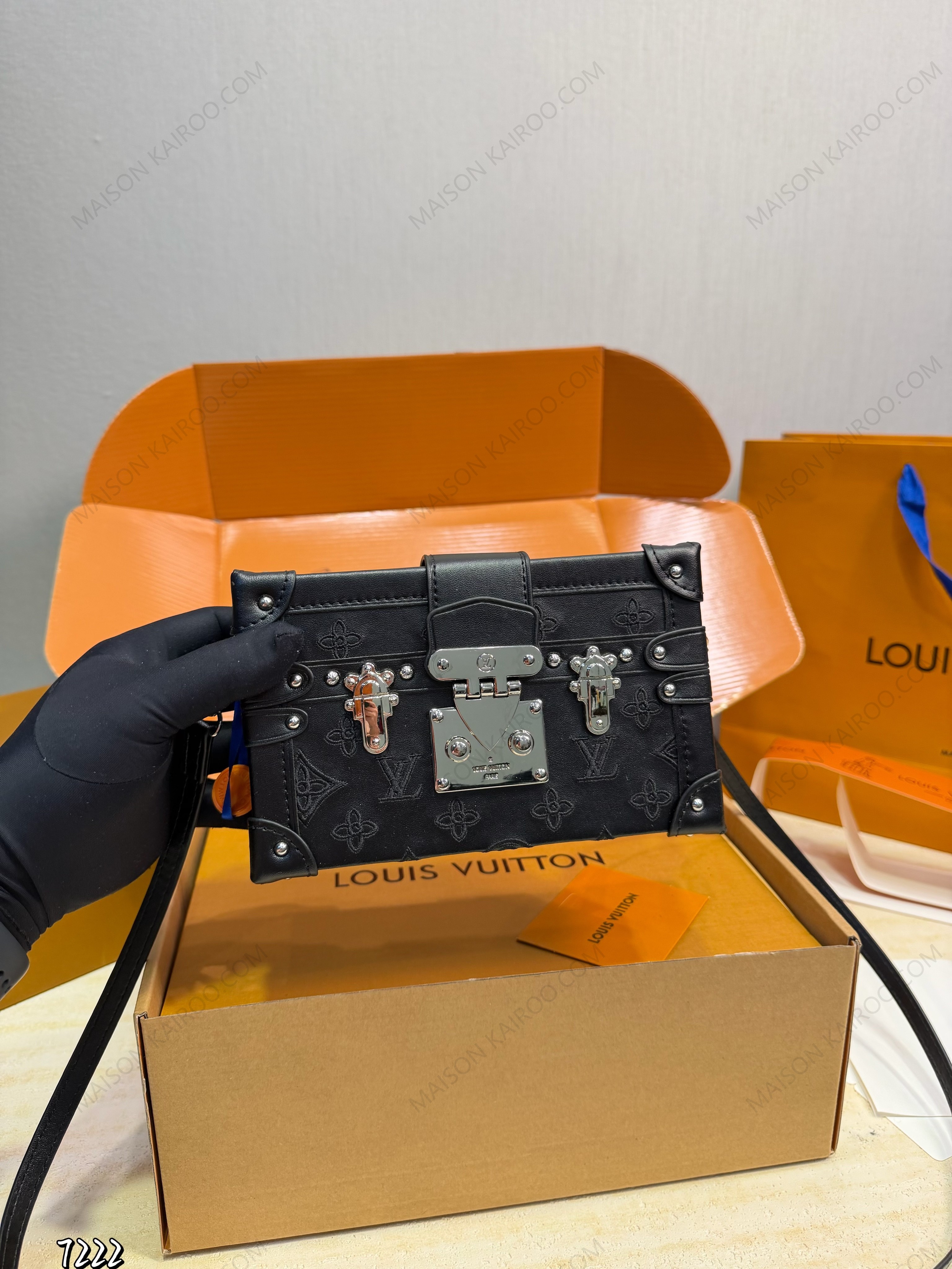 Louis Vuitton LV Petite Malle Trunk Full Black Stitched Embossed Monogram Leather Crossbody Bag - KAIROO