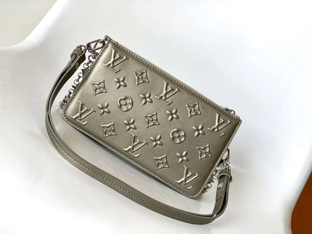 Louis Vuitton LV Lexington Pochette Shoulder Bag 21.5 Metallic Sliver Monogram Embossed Cafskin