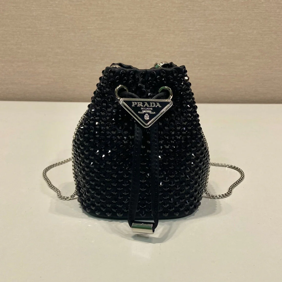 Prada MINI BUCKET BAG 12 IN BLACK NYLON FABRIC EMBELLISHED FULL CRYSTALS