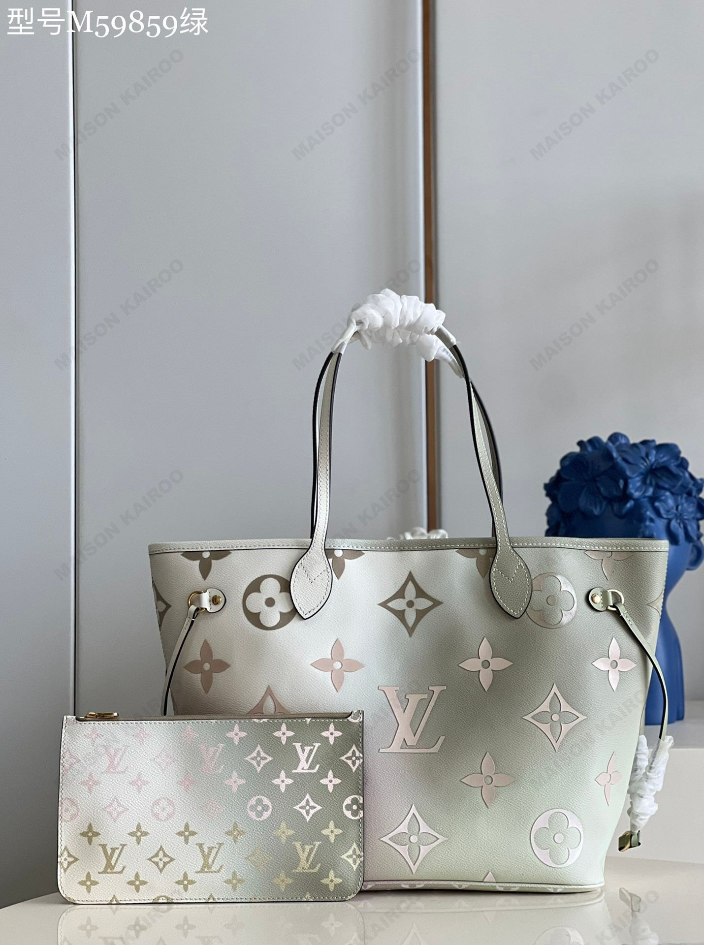 Louis Vuitton LV Neverfull MM Spring Field Green To Pink Gradient Monogram Canvas Tote Bag With Pouch - KAIROO