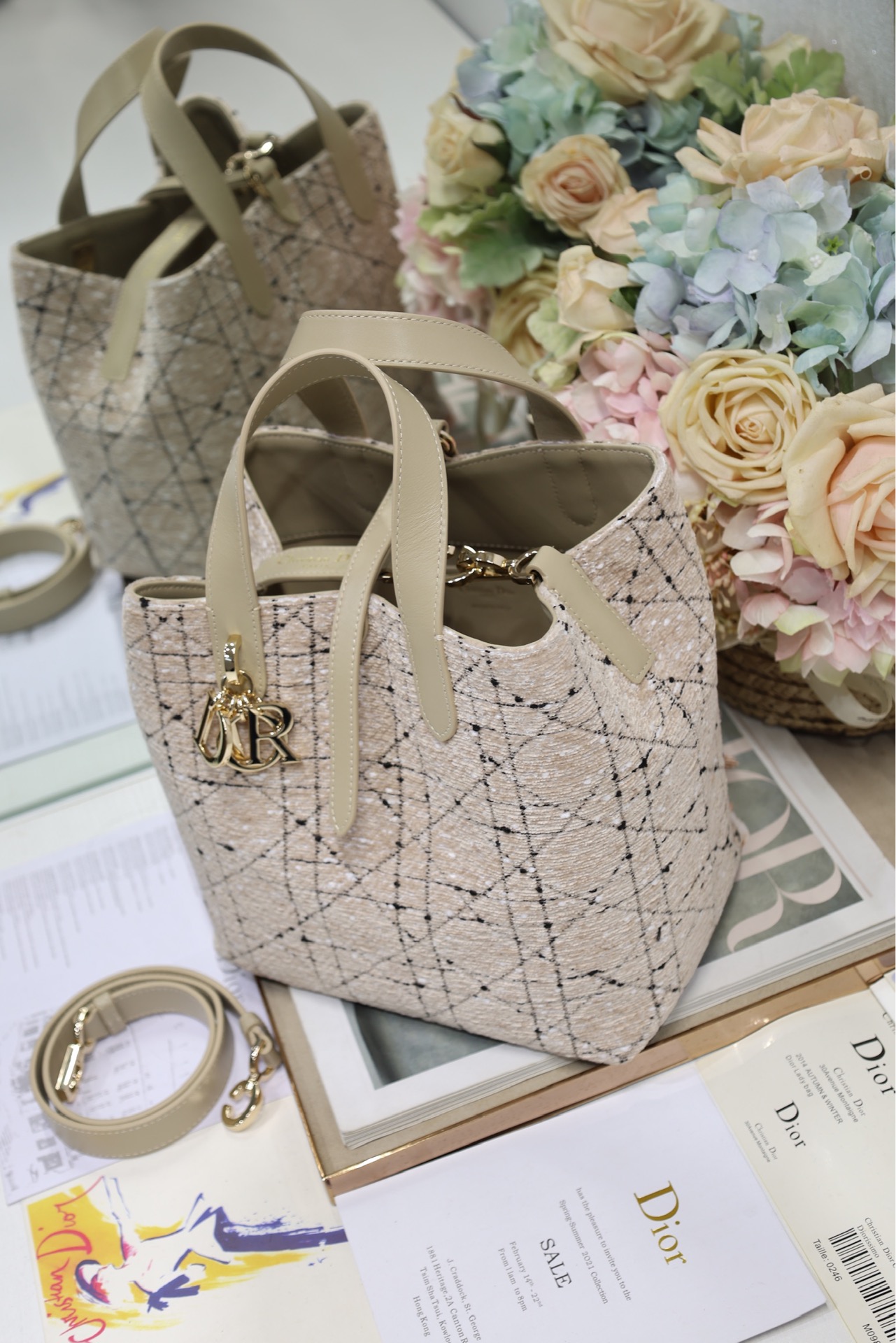 Dior Medium Vertical Toujours in Beige Tweed Canvas