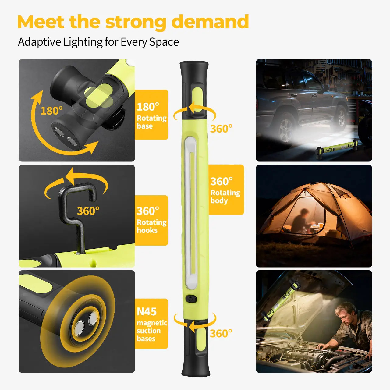 BougeRV Under Hood Work Light Bar - 3000LM Rechargeable Magnetic Mechanic Light with Pivoting Spotlights & 5200mAh Emergency Power Bank