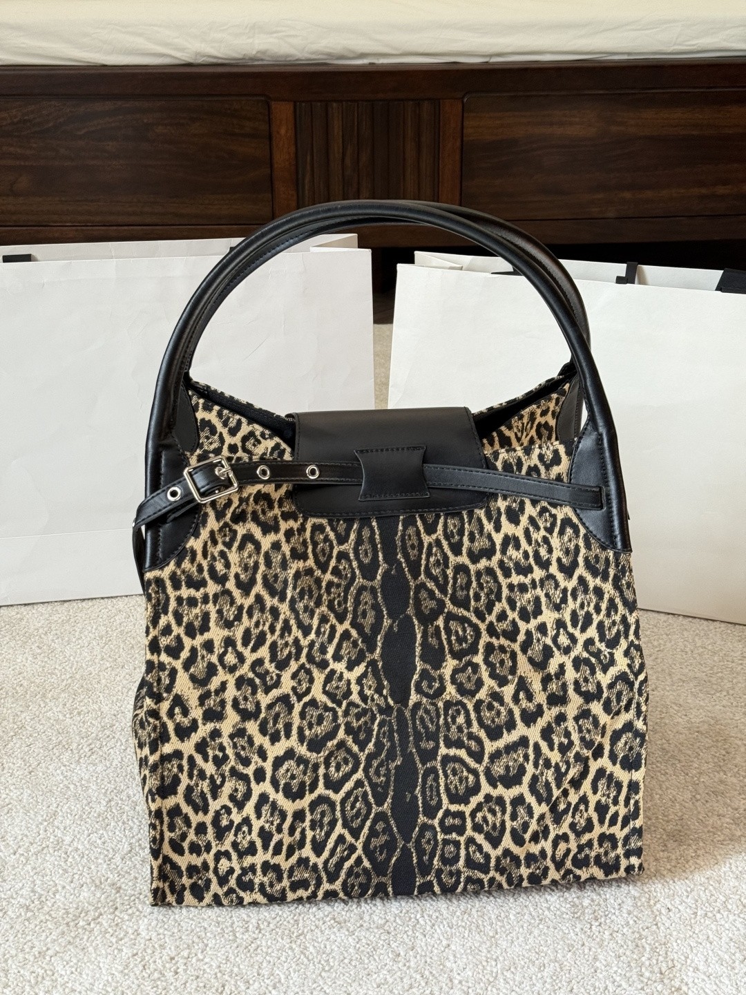Celine All-over Leopard Print Fabric Leather Handle Capacity Tote Bag - KAIROO