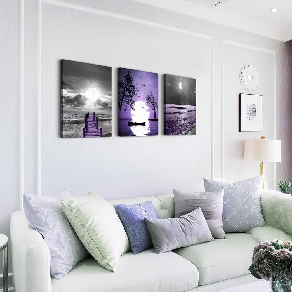 wall decorations for living room 3 Piece framed canvas wall art bathroom artwork for wall painting office bedroom wall decor Black and white ocean purple Landscape modern family Posters home decor