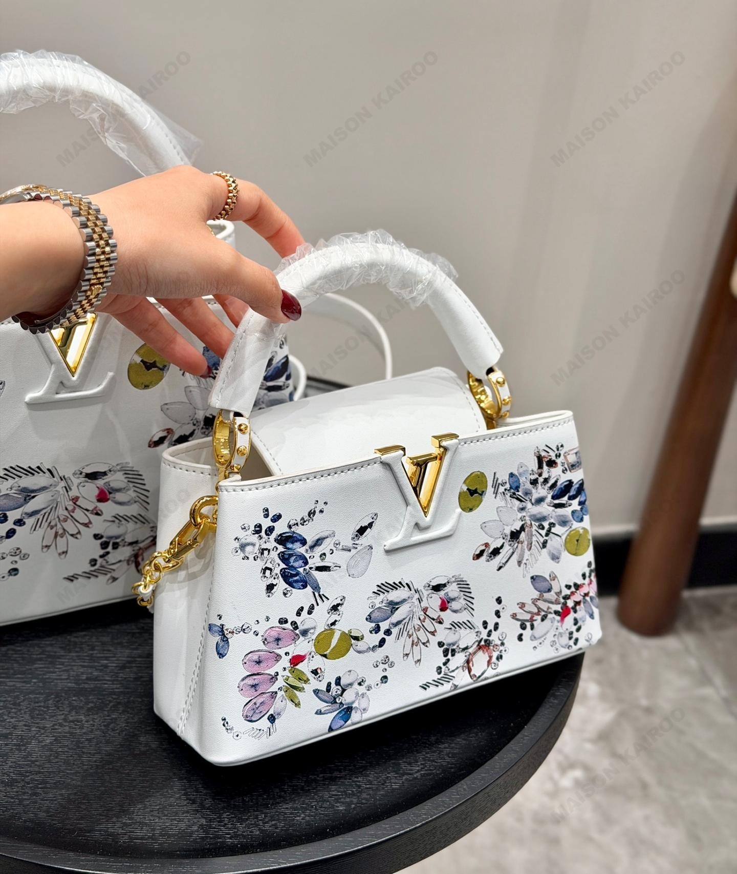 Louis Vuitton LV Capucines BB/East West Mini White Crystal Jewels Motif Painted Leather Top Handle Bag - KAIROO