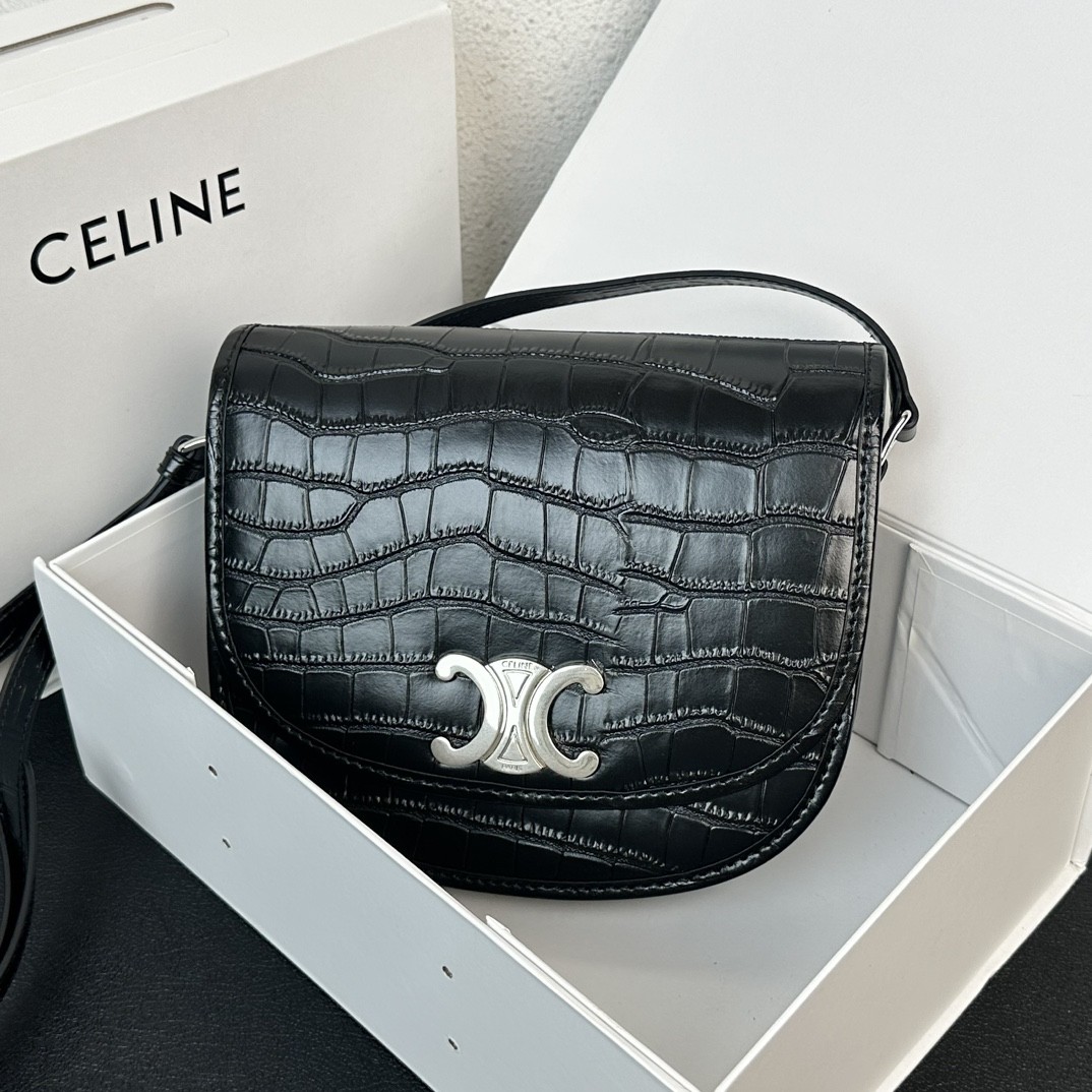 Celine Medium Black Crocodile Embossed Fine Leather Silver Triomphe Clasp Sleek Saddle Bag - KAIROO
