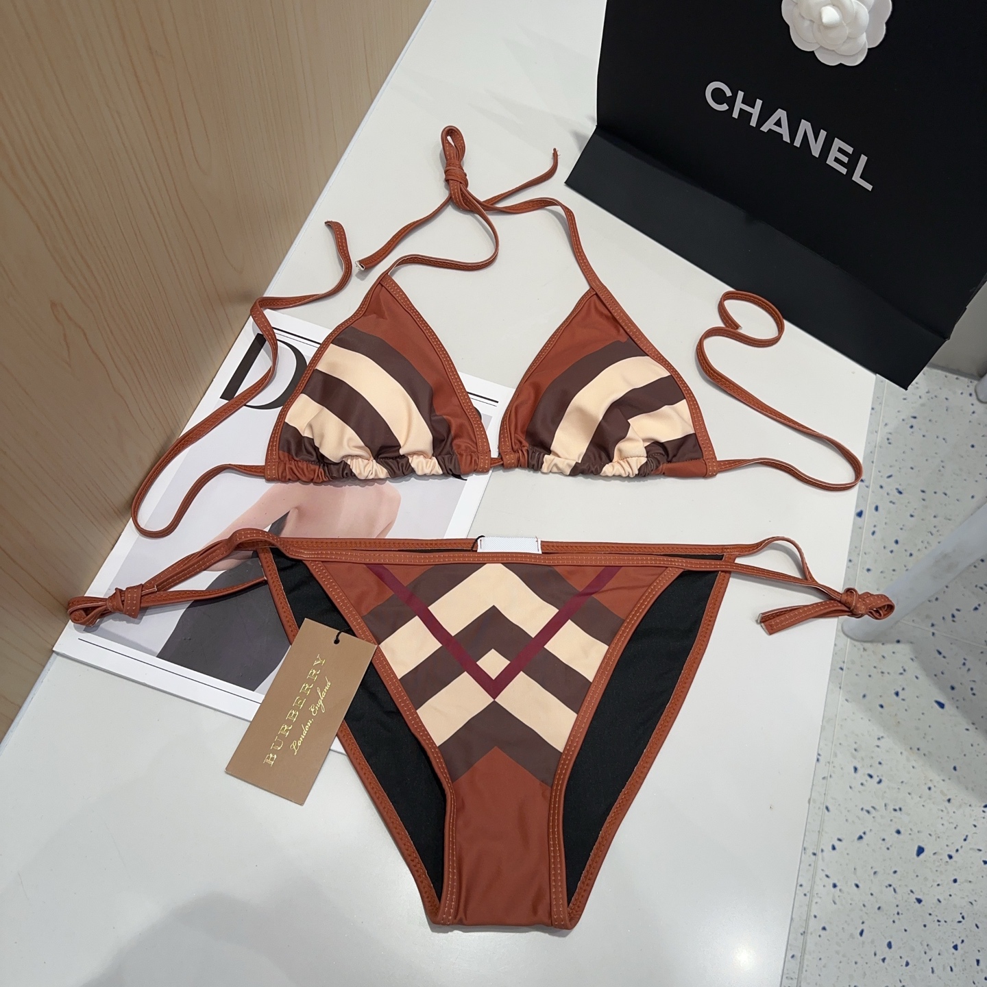 Burberry Caramel Check Print Tie Strap Triangle Bikini Two-Piece Swimsuit - KAIROO