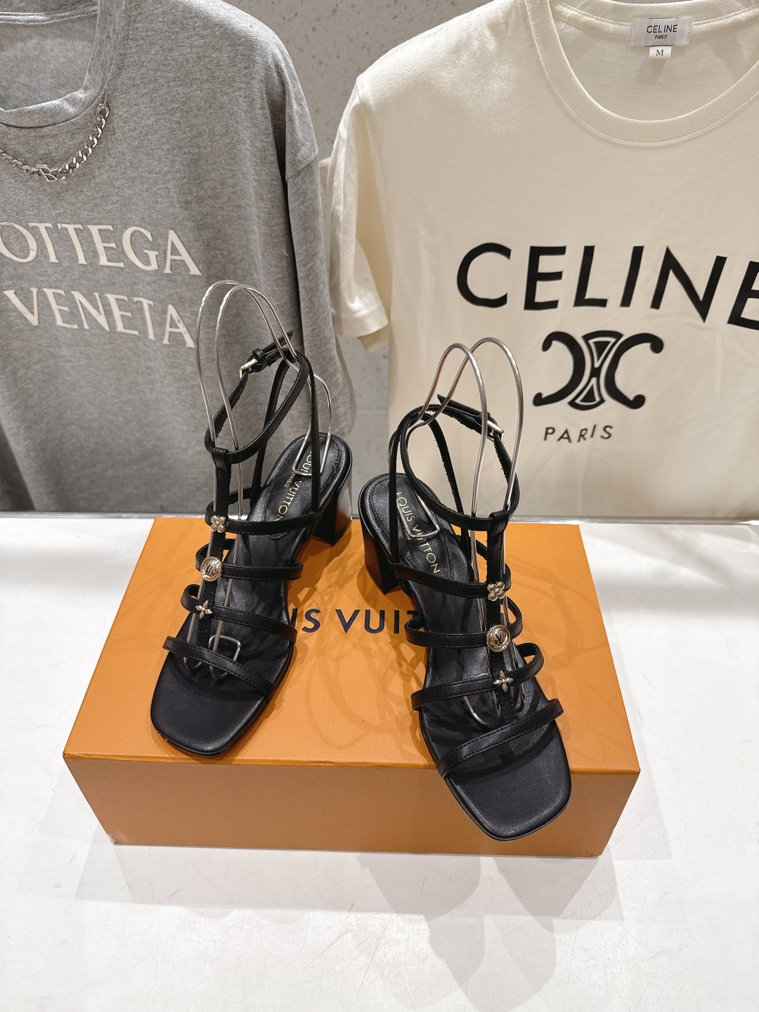 Louis Vuitton LV Monogram Rivet Multi Strap Ankle Buckle Leather Square Open Toe Block Heels Sandals - KAIROO