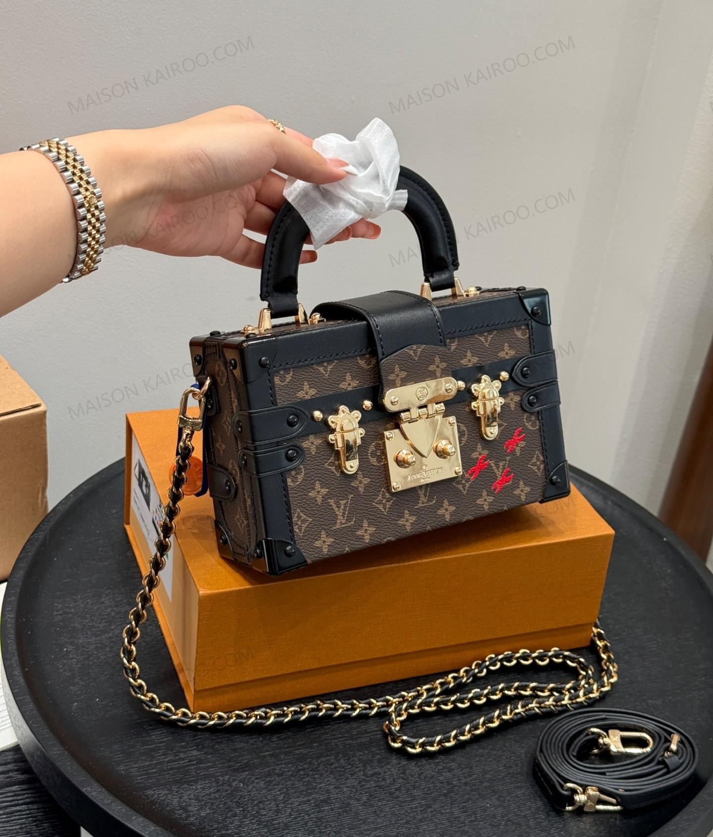 Louis Vuitton LV Petite Malle Handheld Trunk Dark Brown Monogram Canvas Hard S-Lock Crossbody Bag - KAIROO