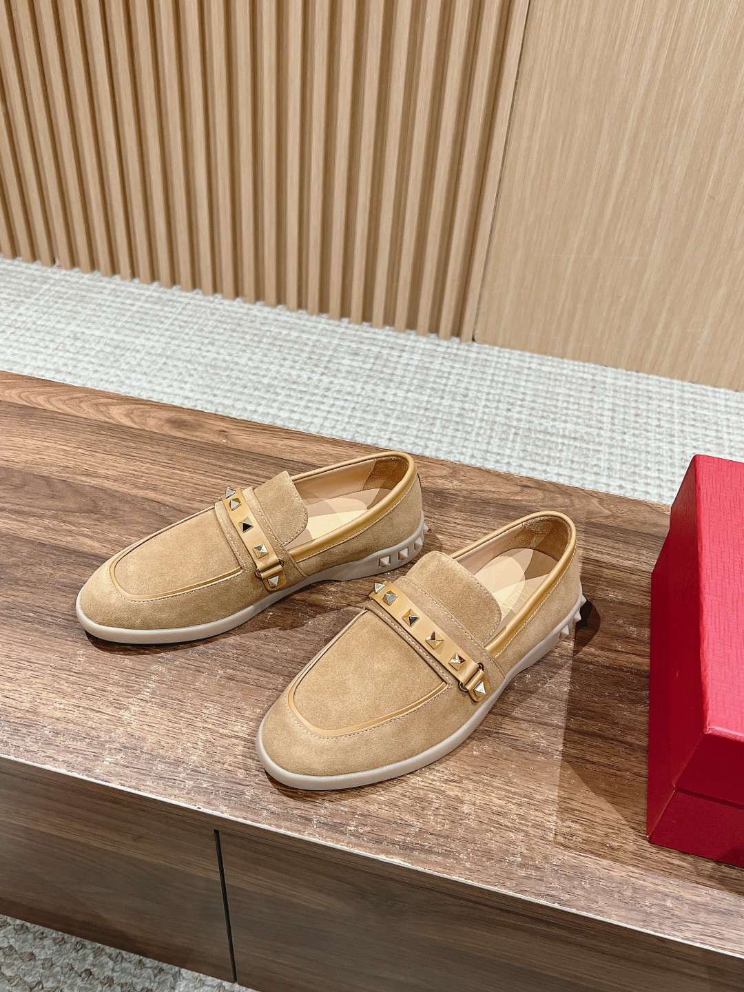 Valentino Garavani Camel Suede Leather Gold Rockstud Untitled Strap Rubber Sole Loafers - KAIROO