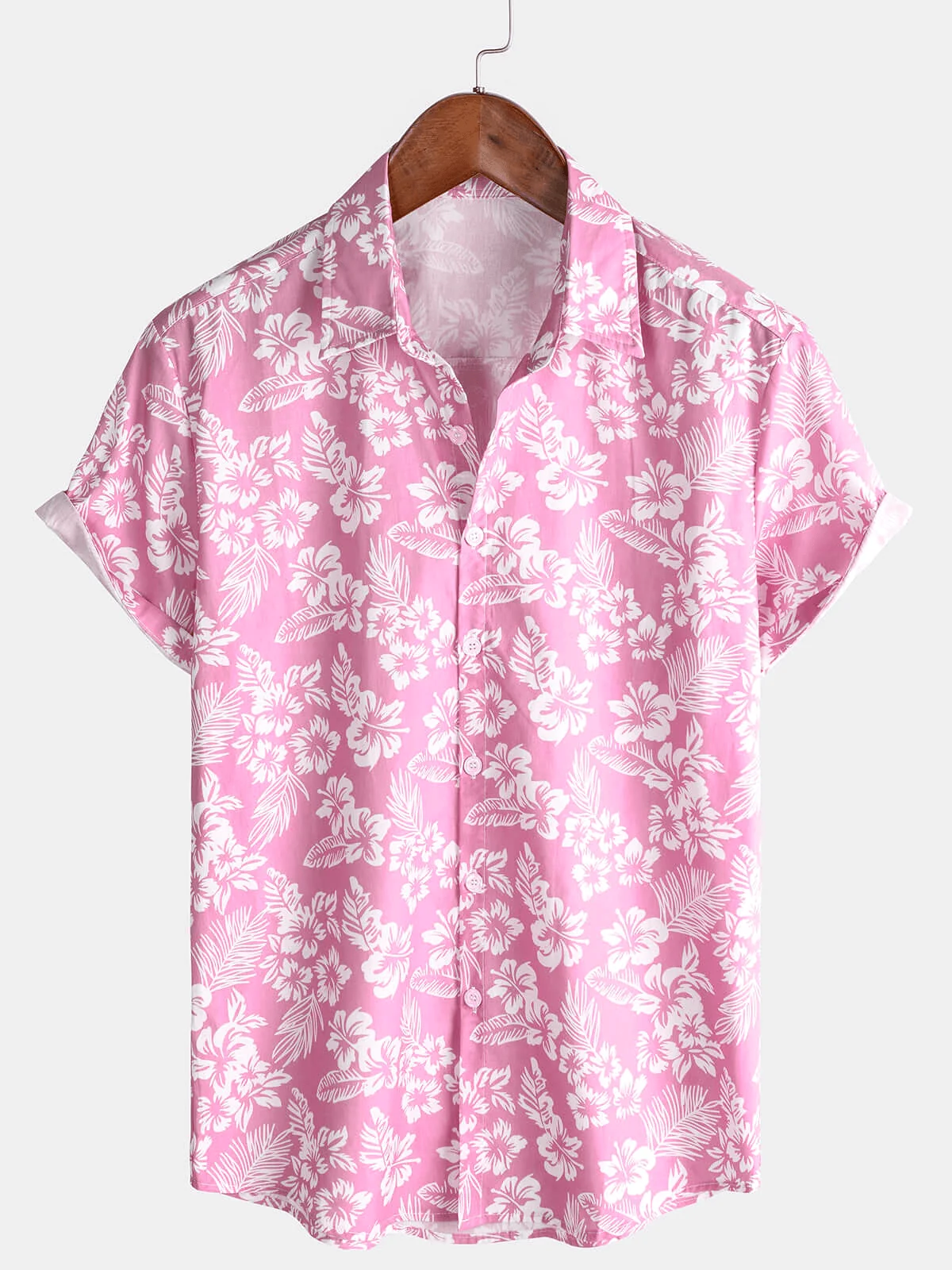 Men's Pink Cotton Hawaiian Floral Summer Button-Up Short Sleeve Shirt