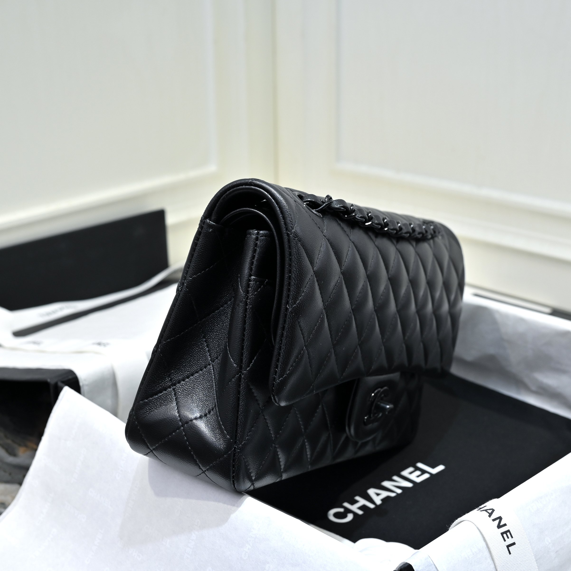 Chanel Classic 11.12 Handbag in Black Lambskin Black-Tone Metal
