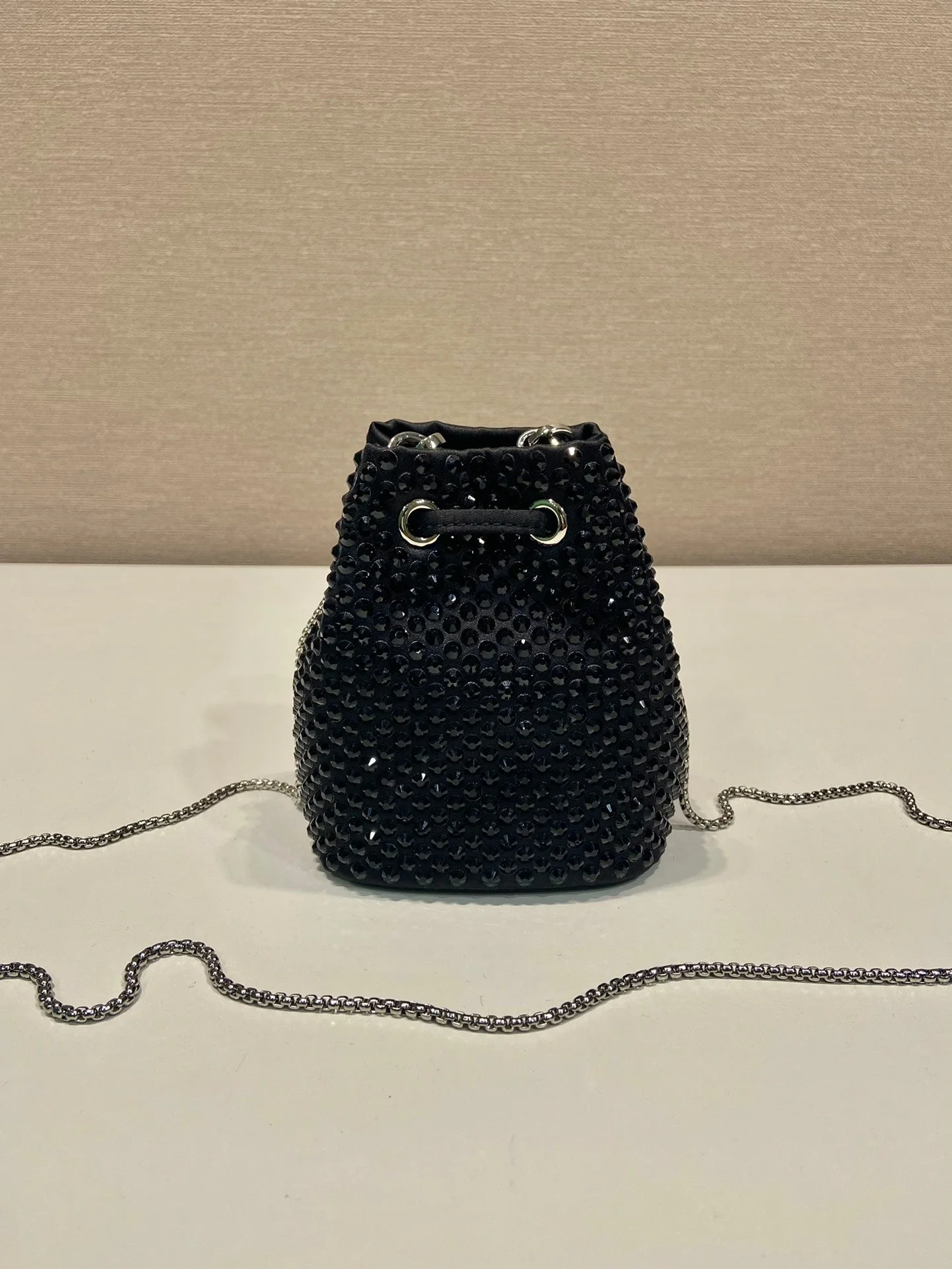 Prada MINI BUCKET BAG 12 IN BLACK NYLON FABRIC EMBELLISHED FULL CRYSTALS