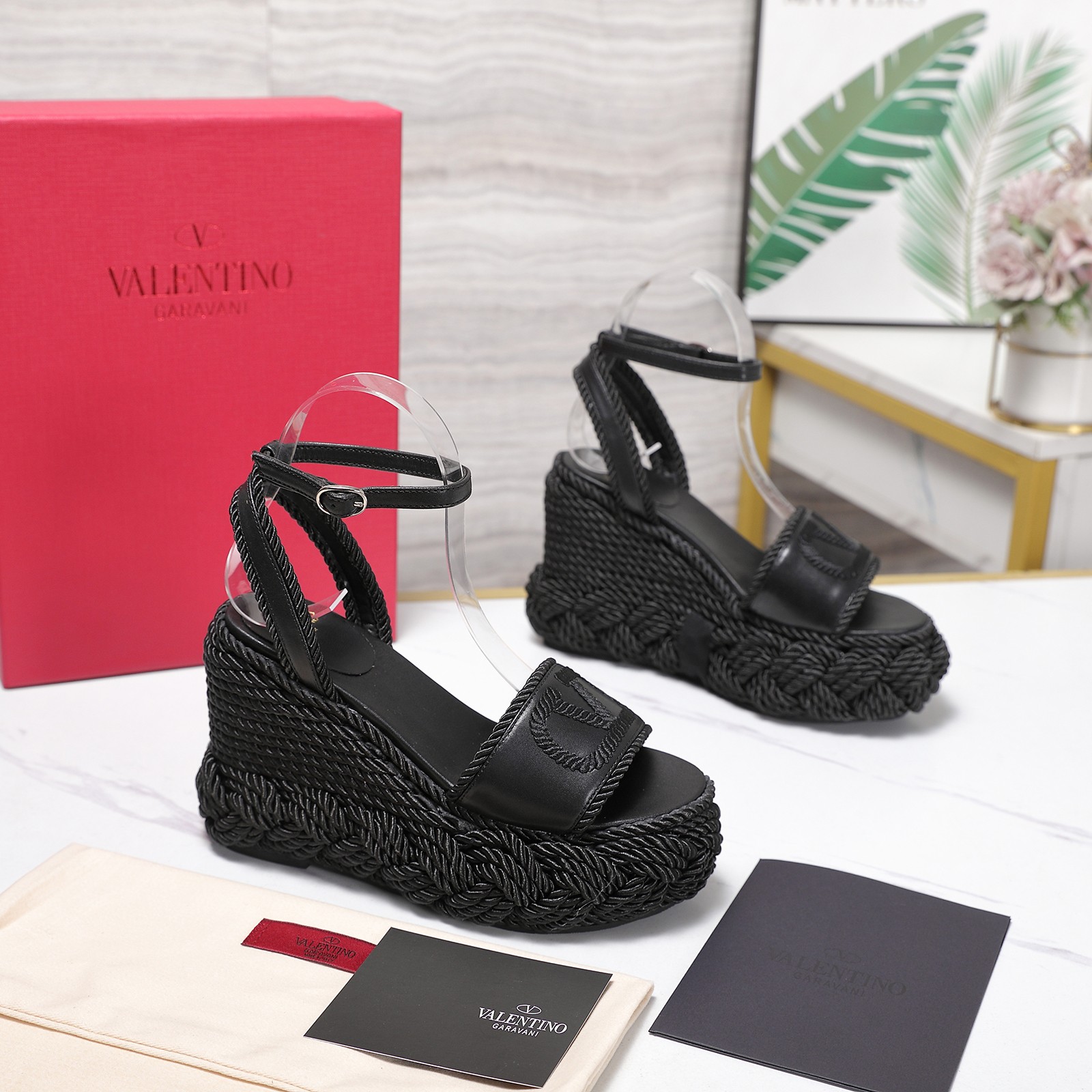 Valentino Garavani Black Smooth Leather VLogo Embroidered Platform Jute Wedge Espadrille Sandal Heel - KAIROO