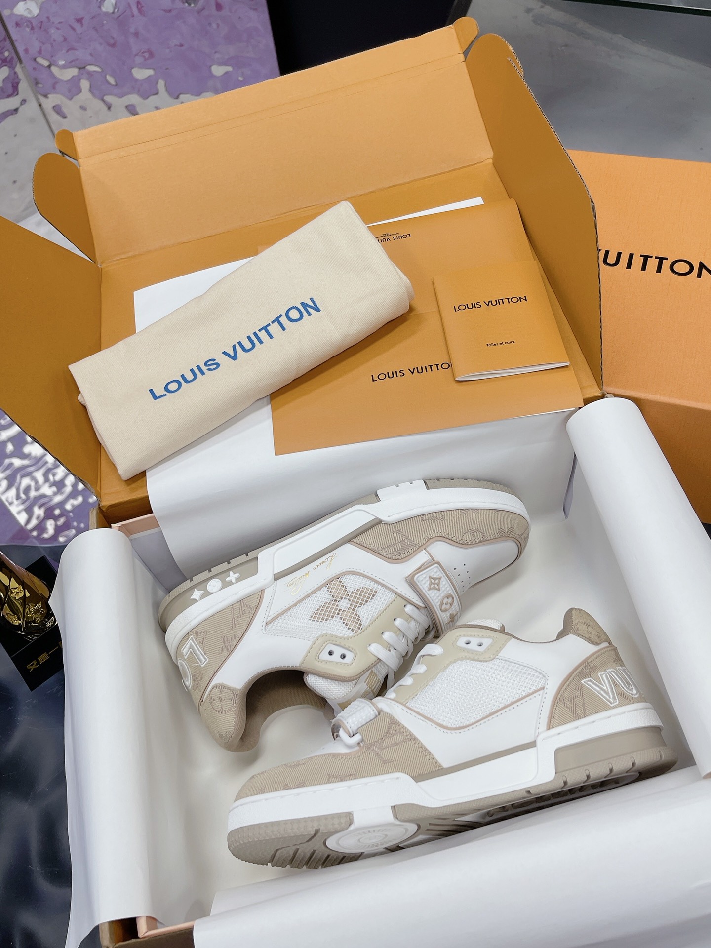 Louis Vuitton Maxi Trainer Beige Monogram Denim Mesh Velcro Strap Low Top Skate Sneakers - KAIROO