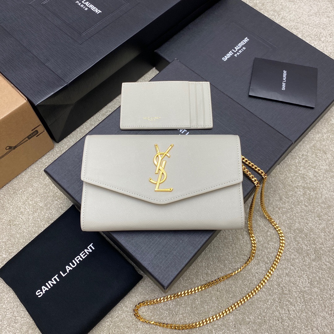 Saint Laurent White Uptown Chain Wallet in Grained leather
