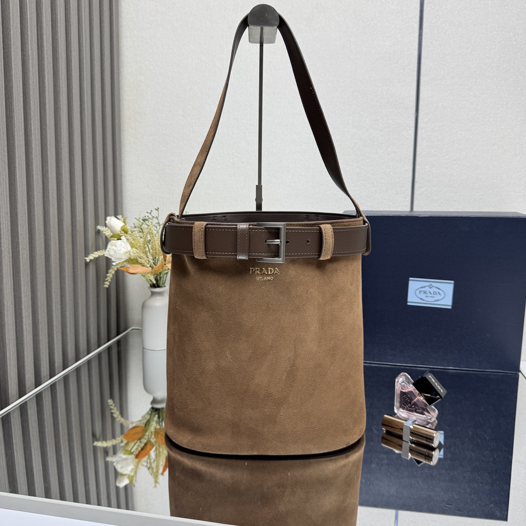 Prada Suede bucket bag with belt-Brown1BE085
