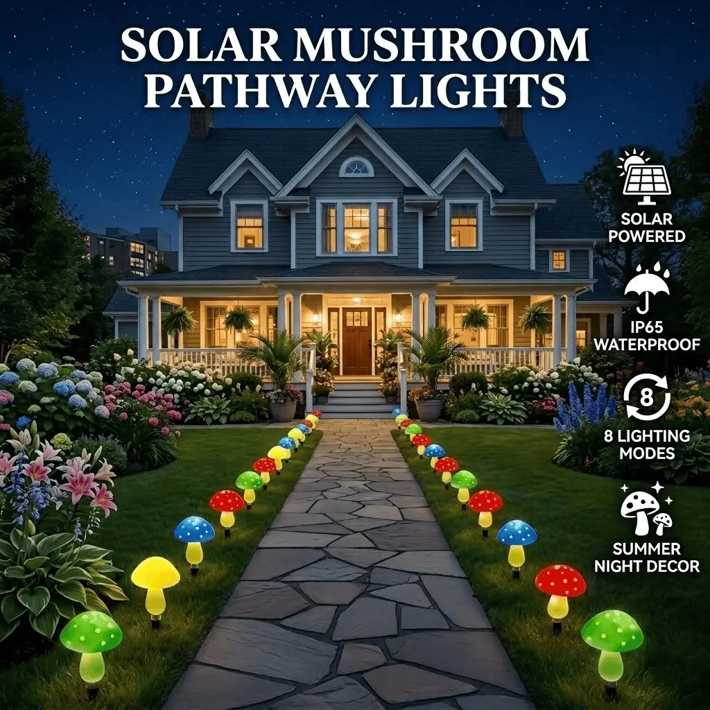 8-in-1 Solar Mushroom String Lights - Colorful Fairy Garden Pathway Markers, Waterproof Outdoor Decor Lights for Yard, Lawn & Patio Walkway