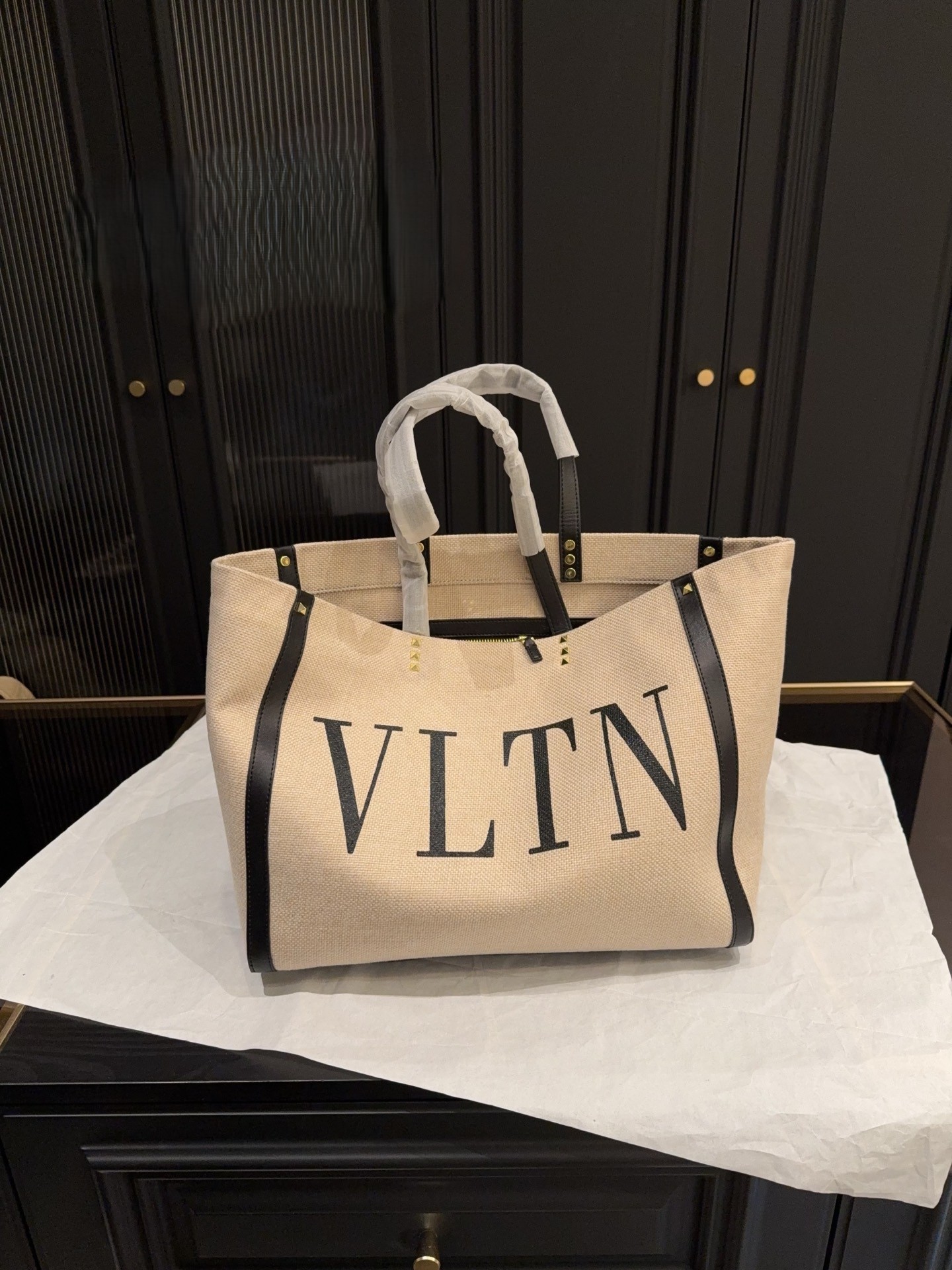 Valentino Garavani VLTN Large Logo Black Leather Trim Rockstud Canvas Shopping Tote Bags - KAIROO
