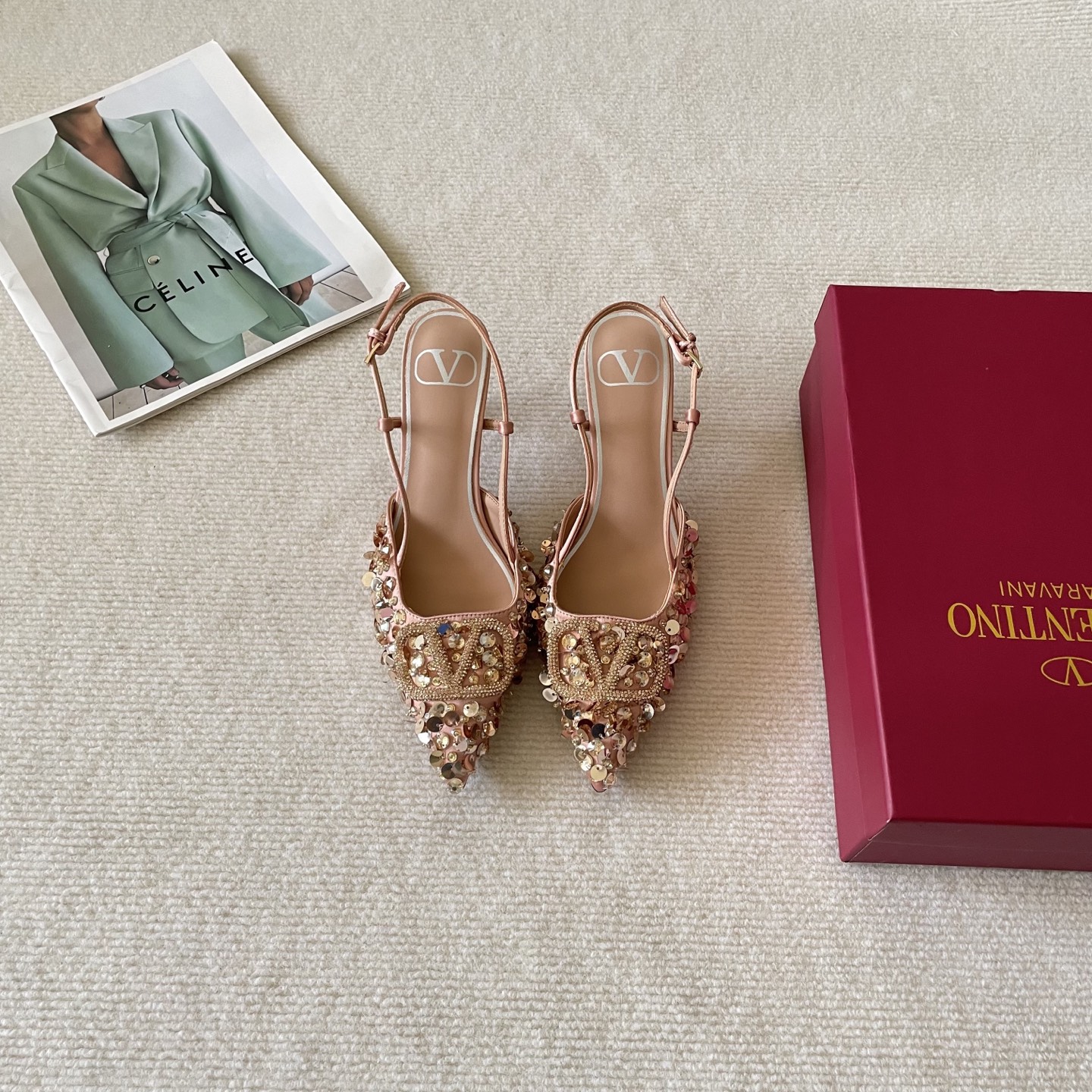 Valentino Garavani VLogo Rose Gold Pointed Toe Sequin Embroidered Leather Slingback Pumps Heels - KAIROO