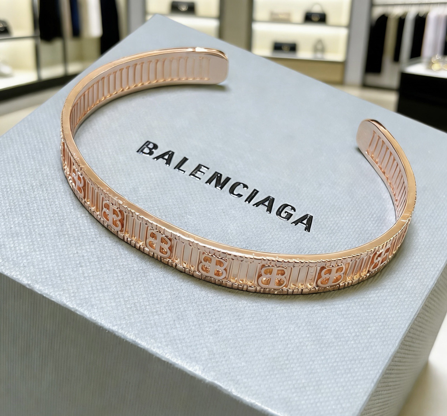 Balenciaga BB Icon Embossed Ribbed Texture Rose Gold Tone Cuff Bracelet - KAIROO