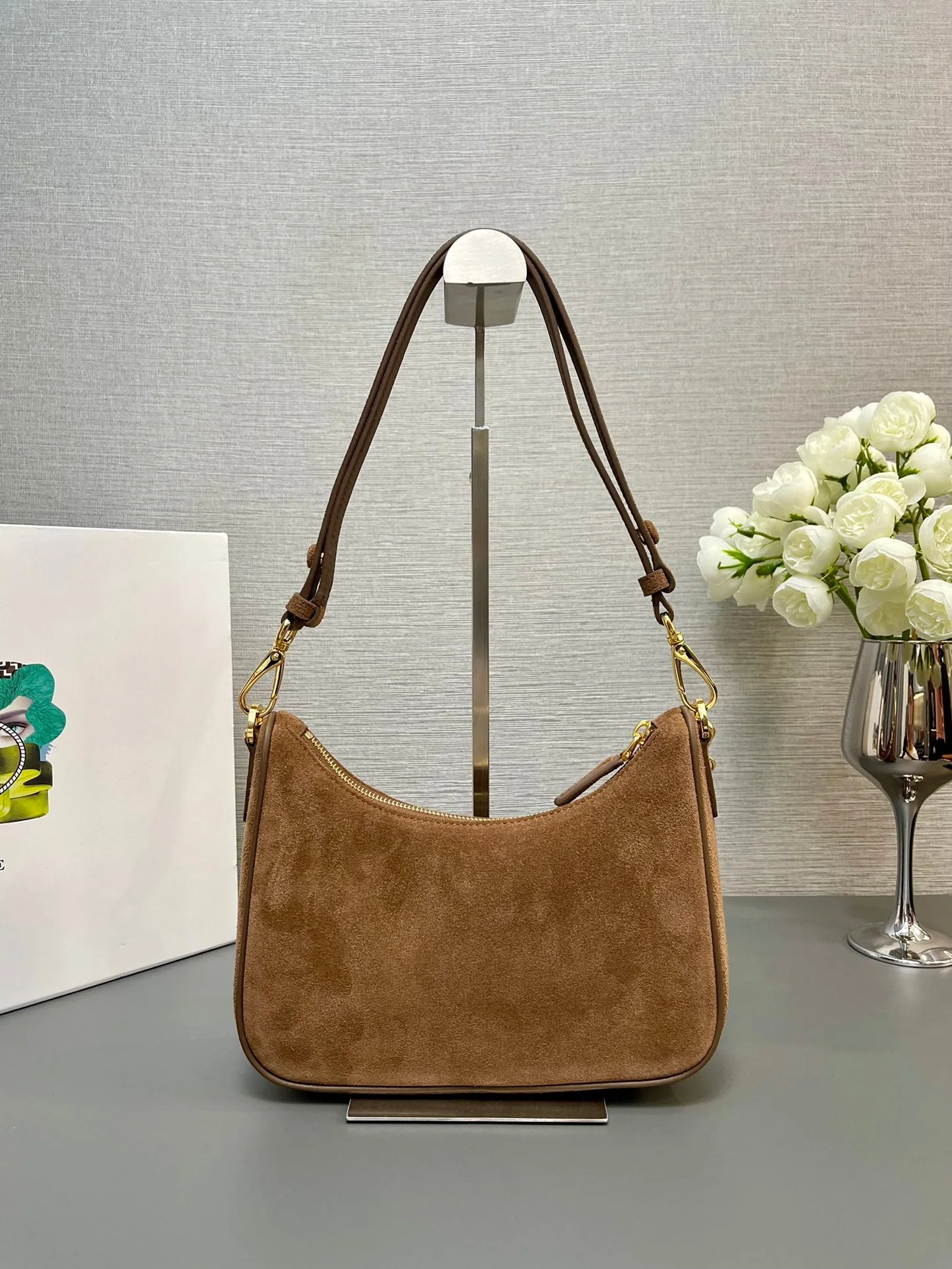 Prada HOBO BAG 23 IN RUSSET BROWN SUEDE GOLD CHAIN