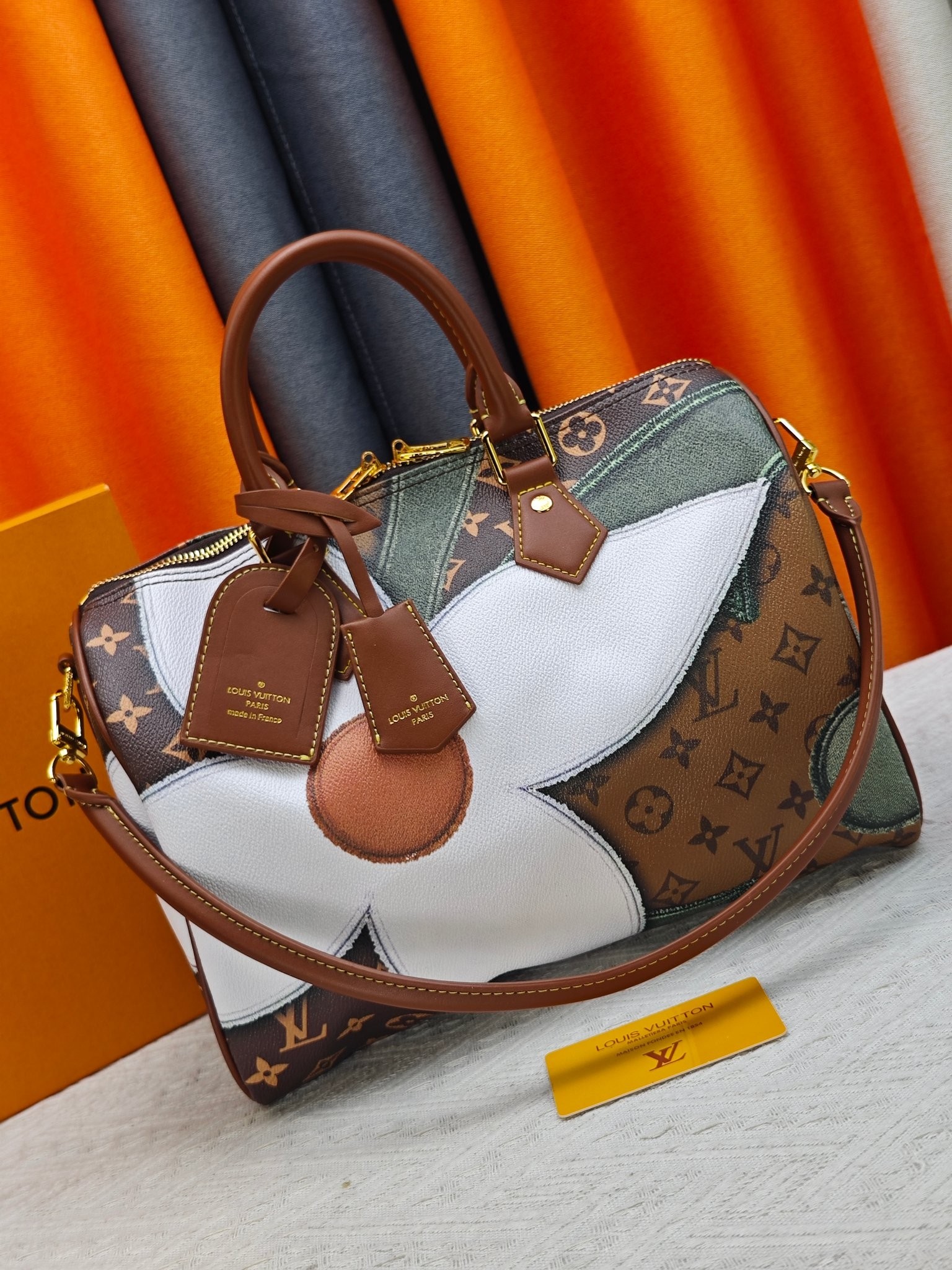 Louis Vuitton LV Speedy 30 Monogram Giant White Flower Print Olive Canvas Boston Top Handle Bag - KAIROO