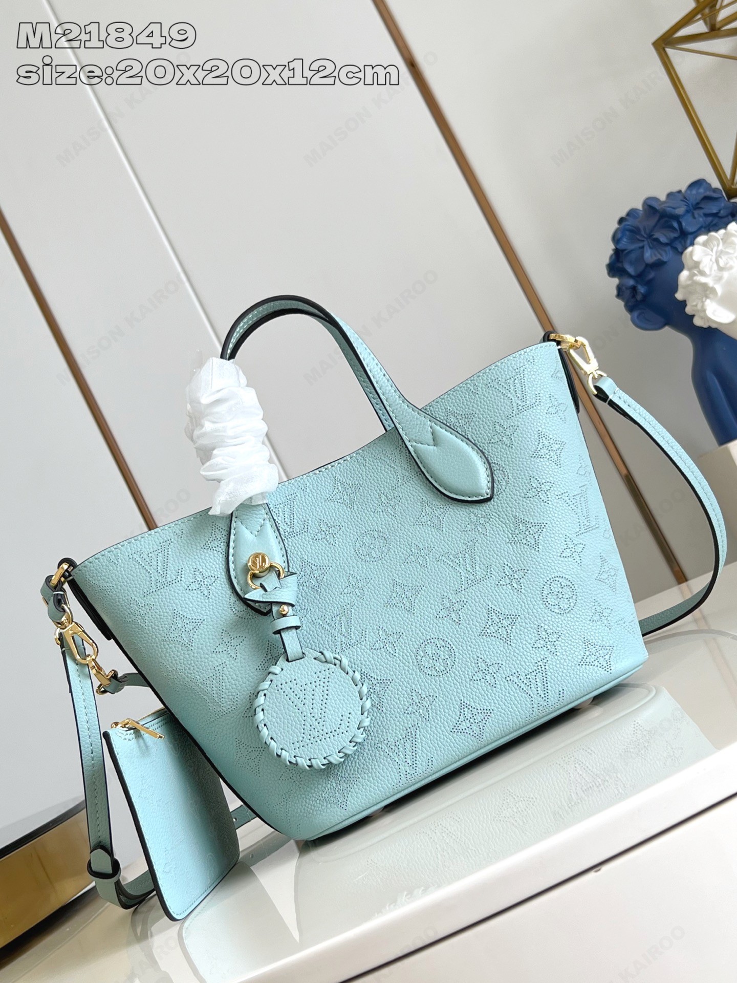 【15A】Louis Vuitton LV Mahina Blossom PM Turquoise Dense Perforated Monogram Leather Basket Handle Tote Bag - KAIROO