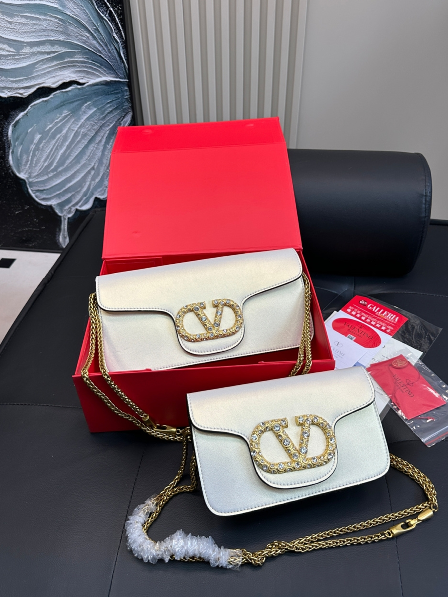 Valentino Locò Leather Rhinestone Pavé VLogo Chain Flap Horizontal Baguette Shoulder Bag - KAIROO