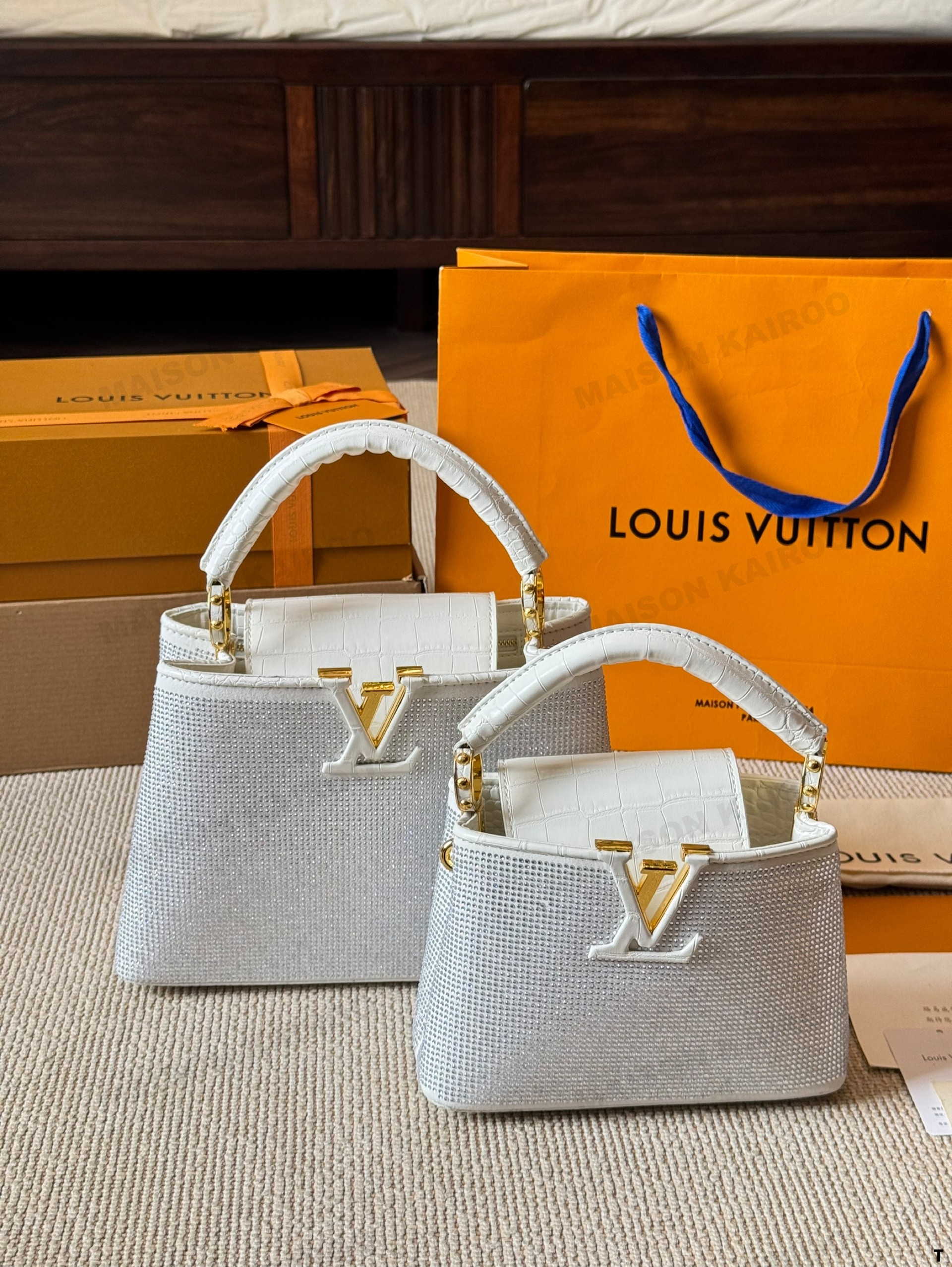 Louis Vuitton LV Capucines BB & Mini White Full Crystal Croc Embossed Leather Flap Chain Top Handle Bag - KAIROO