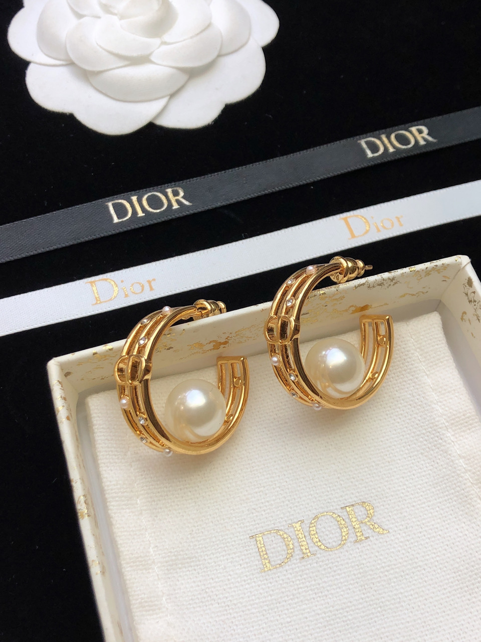 Dior Gold Hollow C-Hoop Stud Earrings