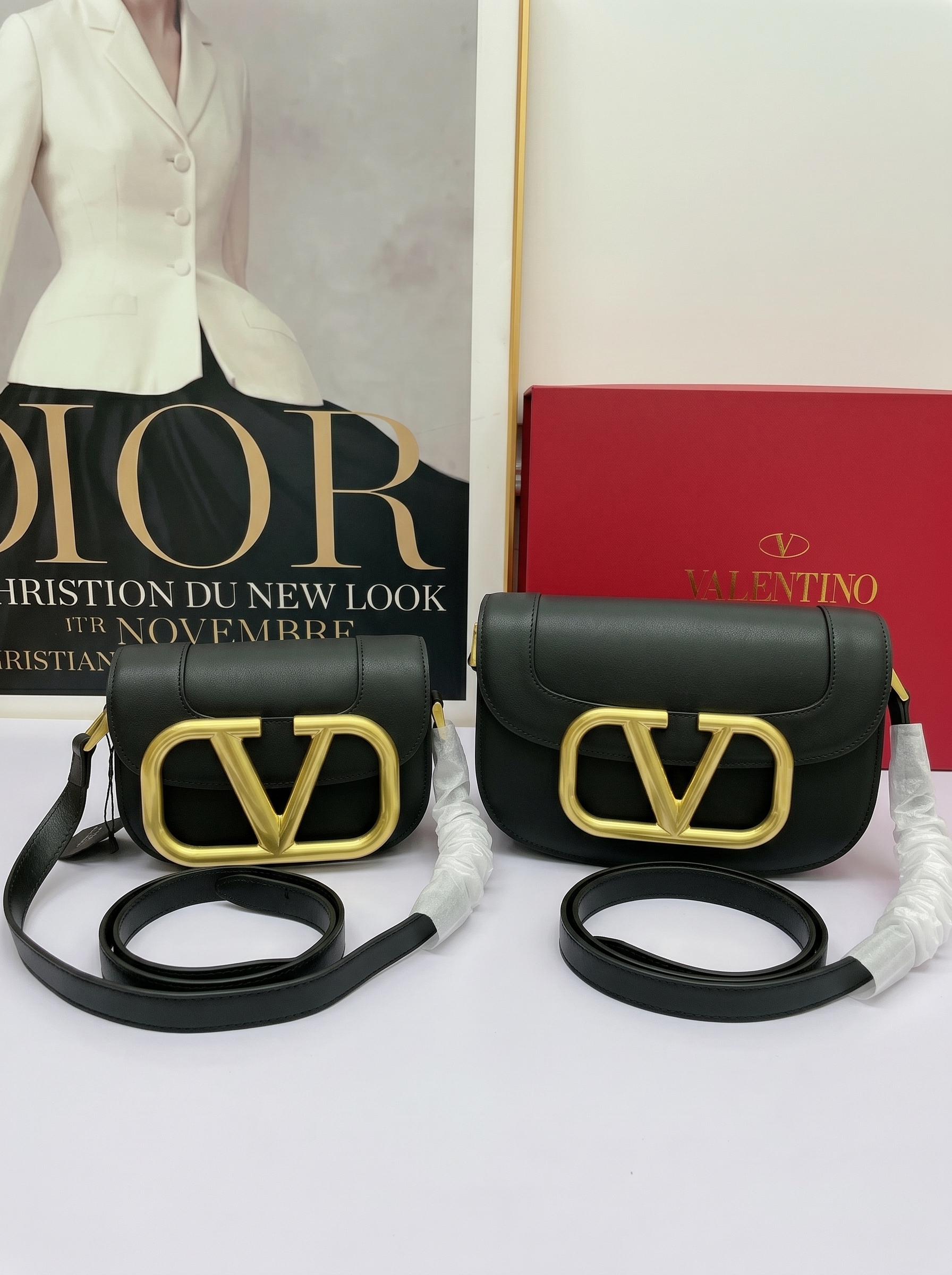 Valentino Mini& Small Oversized VLogo Signature Black Leather Maxi Gold Hardware Flap Shoulder Bag - KAIROO