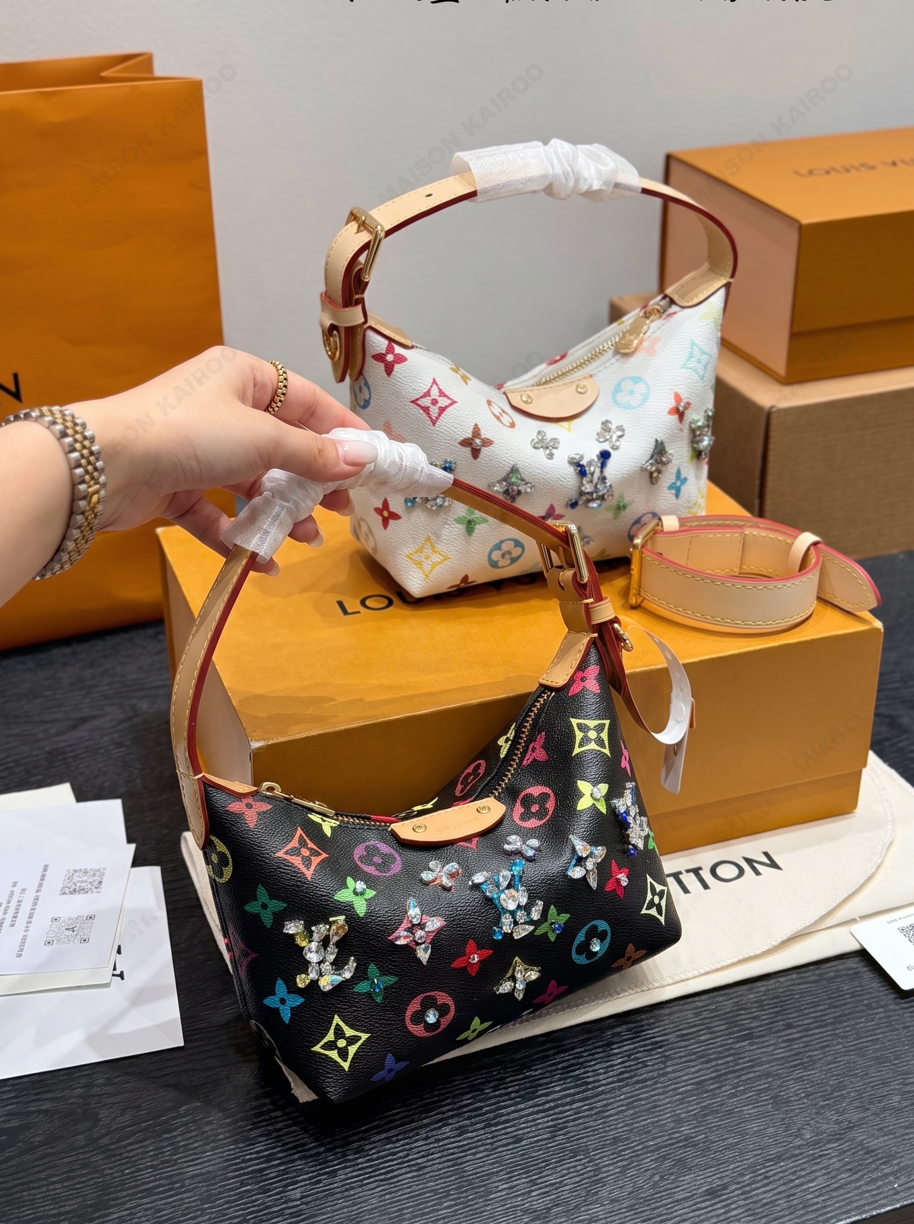 Louis Vuitton LV x TM Boulogne Pochette Crystal Multicolore Embellished Leather Hobo Lunch Box Shoulder Bag - KAIROO
