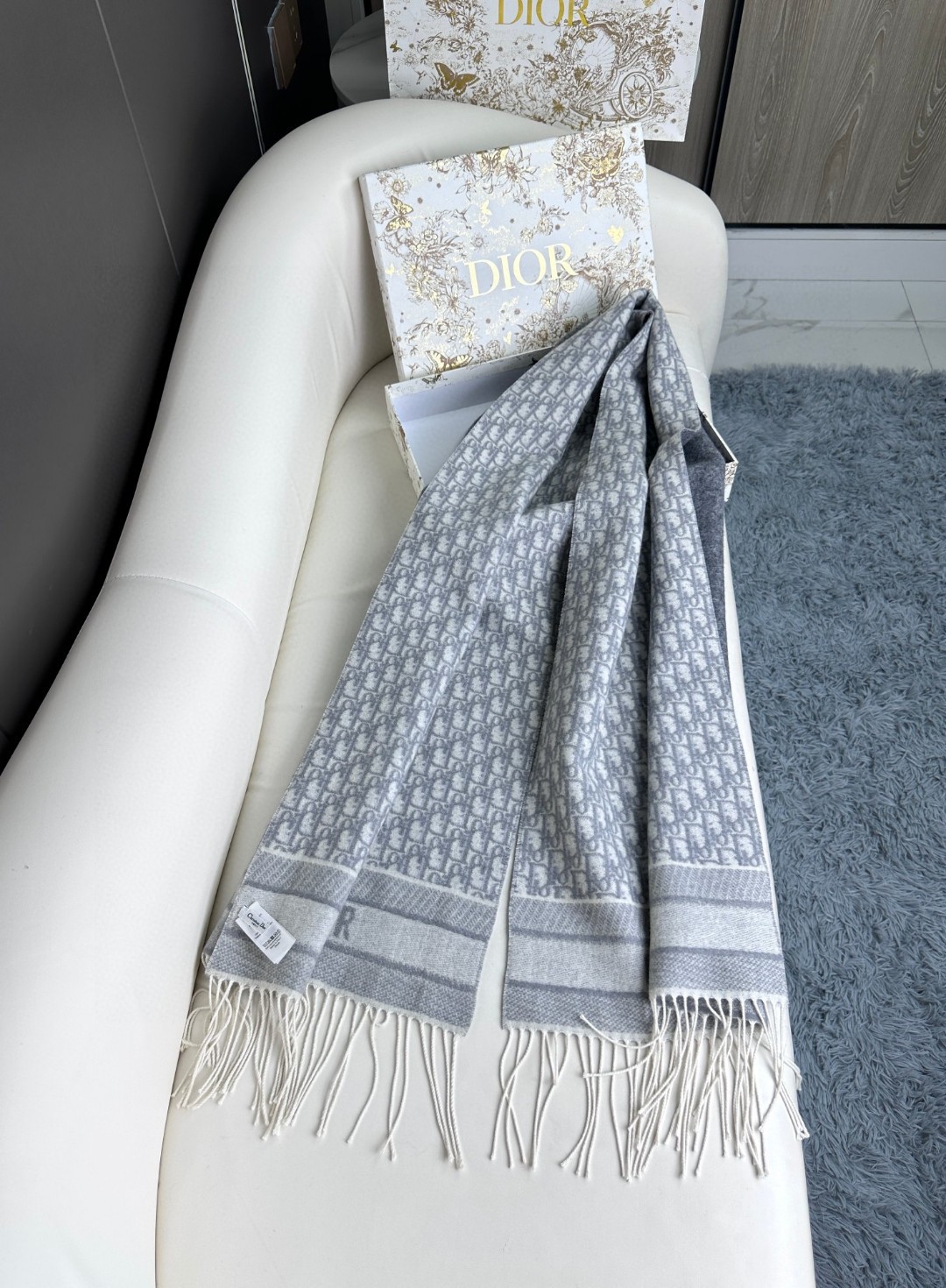 Dior Classic Oblique Grey Cashmere Scarf