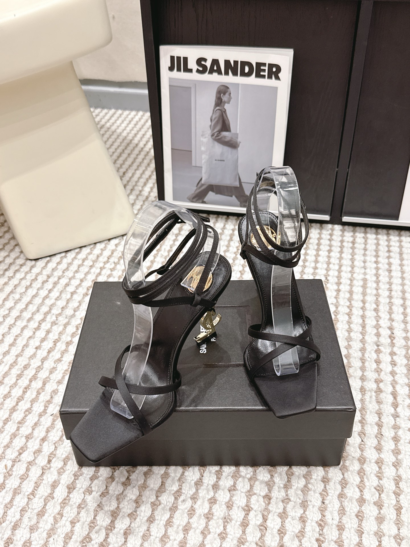 Saint Laurent Satin/Patent/Smooth Leather Square Toe Crisscross Strappy Cassandre YSL Logo Opyum Heel Sandals - KAIROO