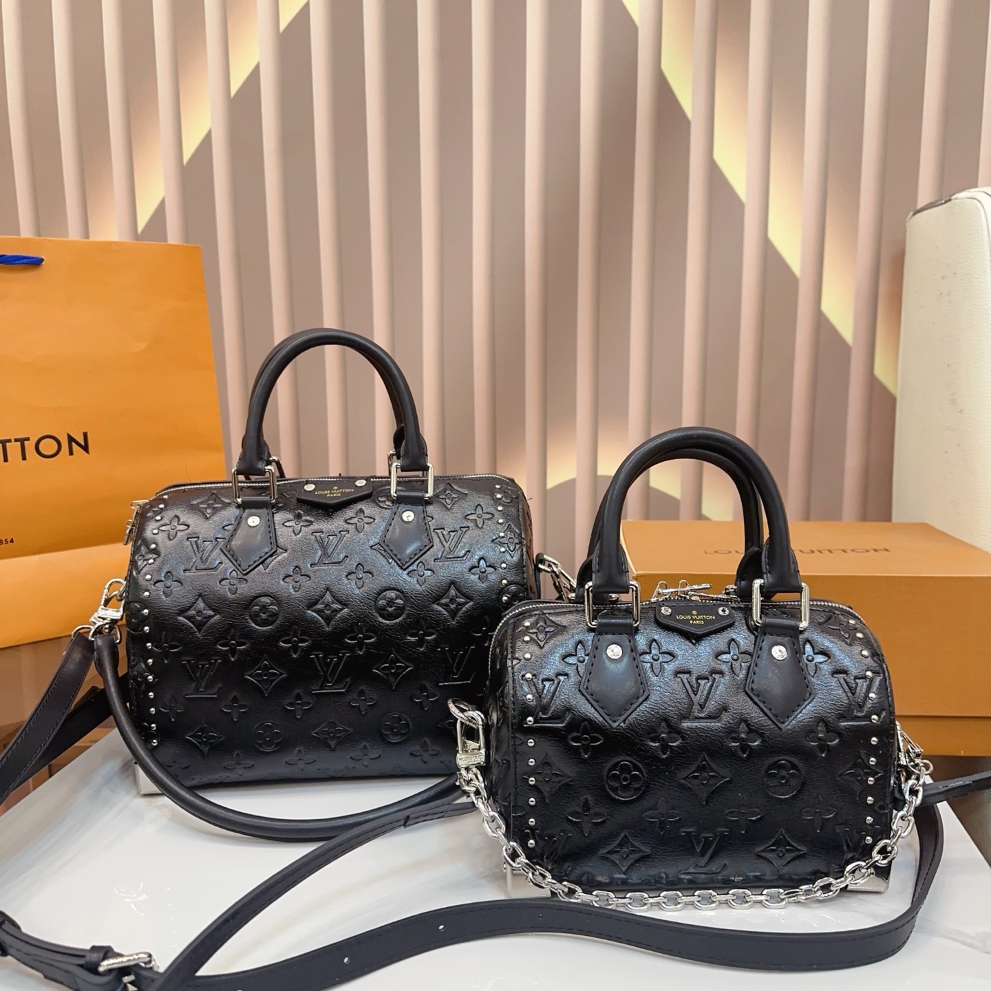 Louis Vuitton LV Speedy 20/26 Trunk Monogram Empreinte Total Black Leather Studded Boston Top Handle Bag - KAIROO