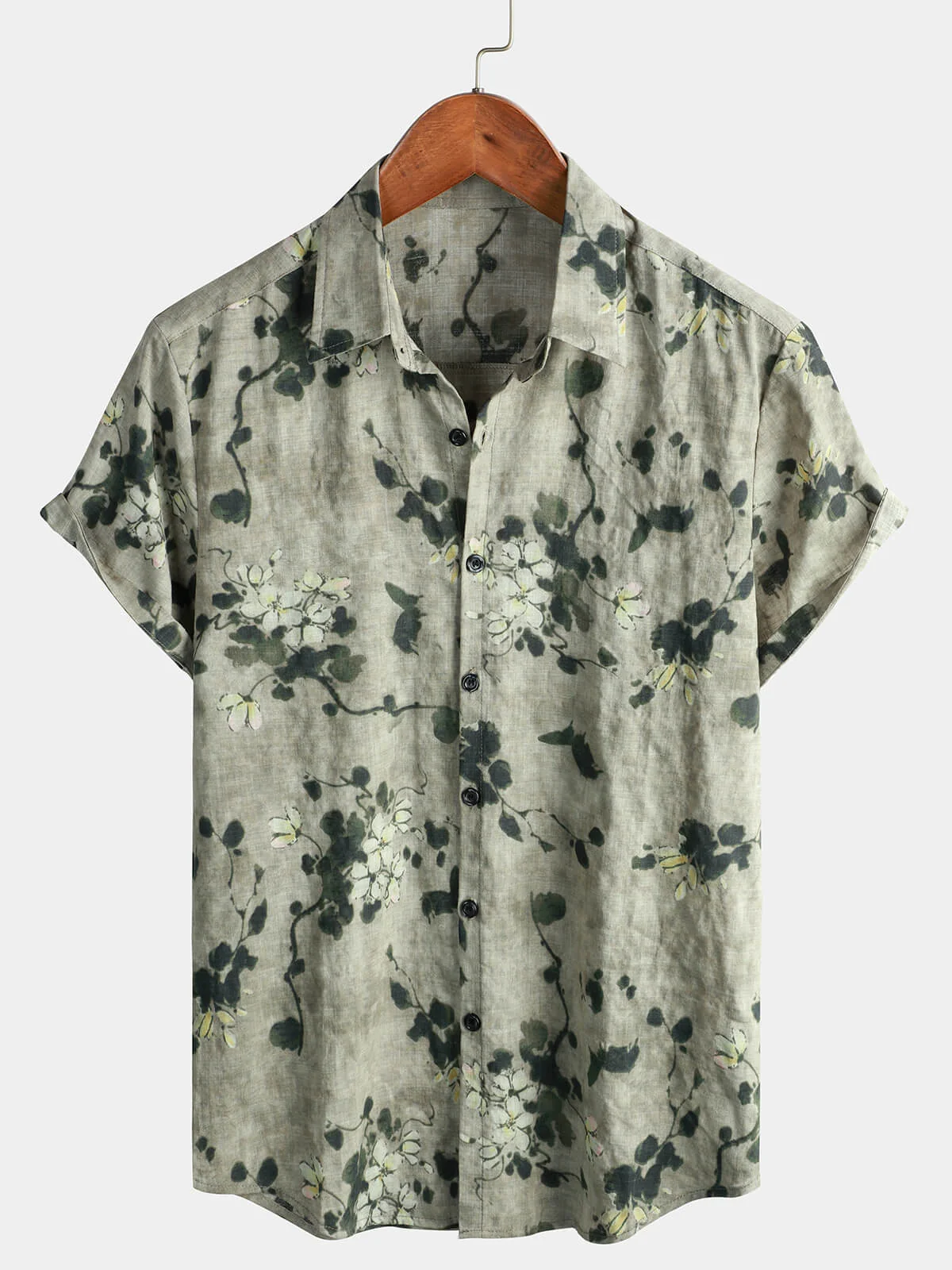 Men's Vintage Gray Floral Cotton Breathable Button-Up Short Sleeve Shirt