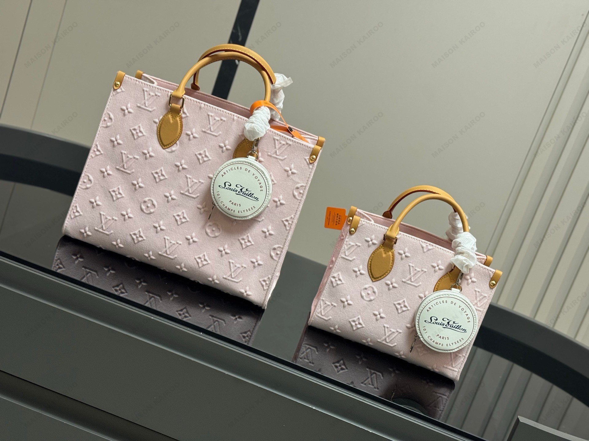 Louis Vuitton LV OnTheGo PM/MM Pastel Pink Monogram Jacquard Embossed Denim Purse Top Handle Tote Bag - KAIROO