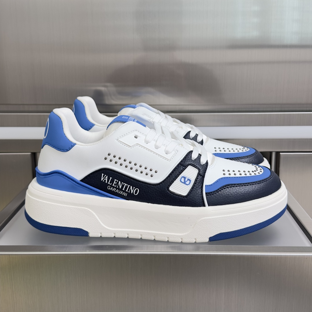 Valentino MS-2960 White Royal Blue Panelled Leather Micro Studded Chunky Low-top Platform Sneakers - KAIROO