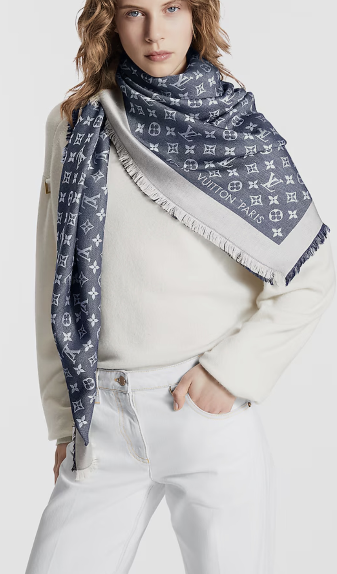 LV Classic Monogram Denim Silk and Wool Shawl