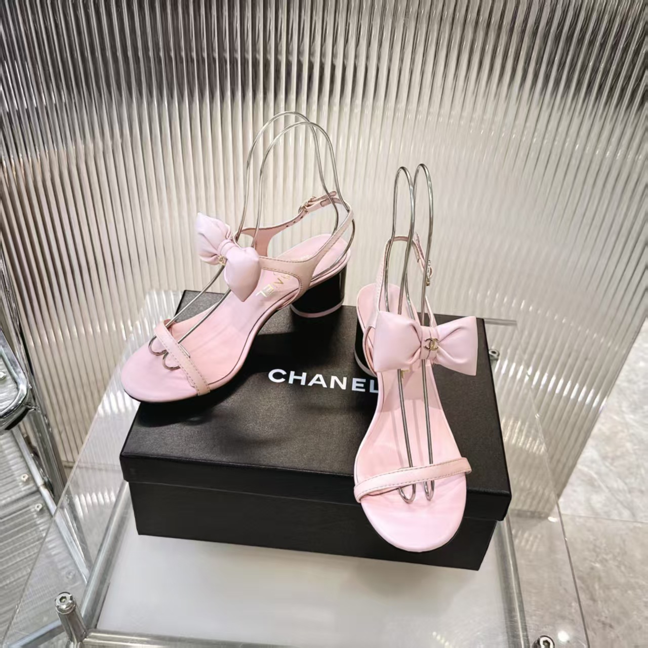 Chanel Pastel Pink Leather Sandals with Bow Mules Block Heel - KAIROO